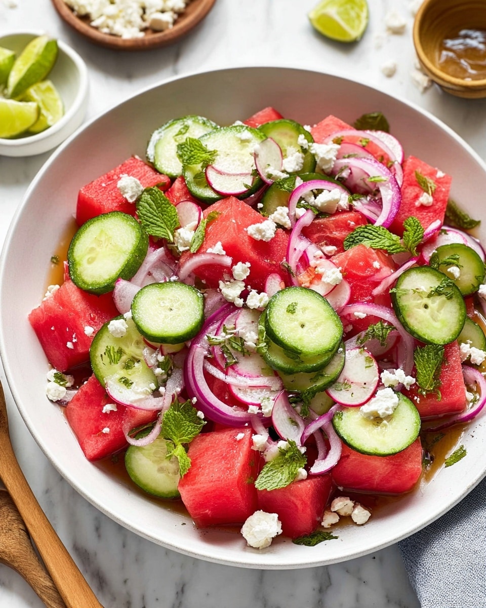 A white bowl filled with a fresh salad showing three main layers: large chunks of bright red watermelon at the base, topped with thick slices of pale green cucumber with darker green skin, and thin rings of vibrant purple pickled onions scattered throughout. Small crumbles of white cheese are sprinkled over the top, accompanied by fresh green mint leaves and tiny slices of radish with white centers and red edges. The bowl sits on a white marbled surface, surrounded by lime wedges and small bowls of additional cheese and wooden utensils. photo taken with an iphone --ar 4:5 --v 7