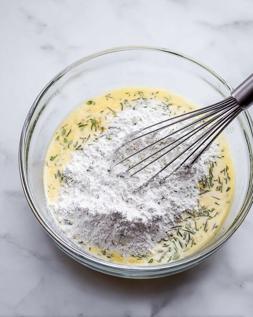 A clear glass bowl holds a three-layer mixture being stirred with a metal whisk. The bottom layer is a pale yellow liquid, visible around the edges and through gaps in the top layer. The middle layer consists of small green herb pieces scattered within the yellow, and the top layer is a thick, fluffy white powder dusted unevenly over the mixture. The bowl sits on a white marbled surface. photo taken with an iphone --ar 4:5 --v 7
