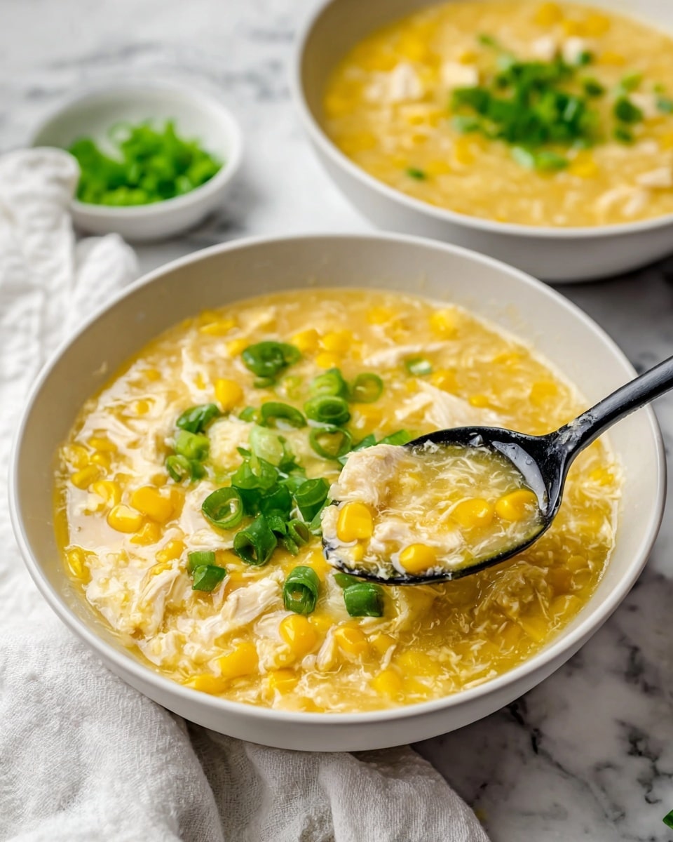 The image shows a white bowl filled with a thick light yellow soup that has visible chunks of white chicken and bright yellow corn kernels. The soup has a slightly creamy texture with some strands of egg mixed in. On top, there is a layer of chopped fresh green onions placed on one side of the bowl. A black spoon is resting inside the bowl, partially lifting some soup which reveals the ingredients more clearly. The bowl sits on a white marbled surface with a white cloth nearby and another bowl of the same soup blurred in the background. photo taken with an iphone --ar 4:5 --v 7