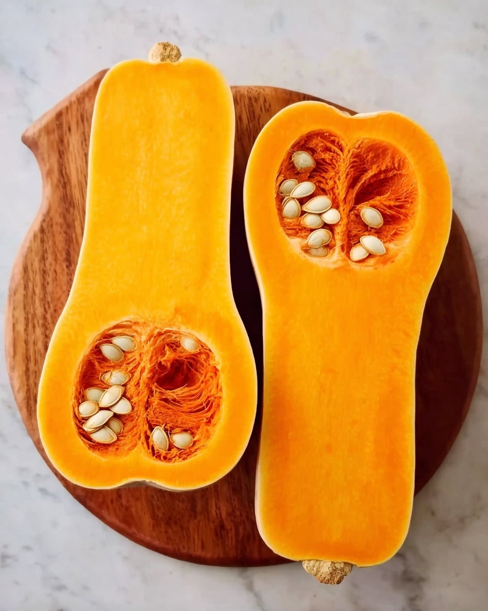 The image shows two halves of a butternut squash placed side by side on a round wooden board. Each half is bright orange with smooth skin and has cream-colored seeds clustered in the top hollow area. The wooden board sits on a white marbled surface, adding a clean and natural background to the vibrant squash halves. Photo taken with an iphone --ar 4:5 --v 7