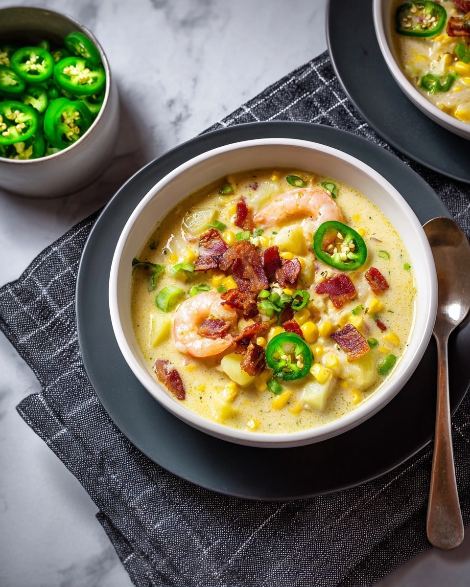 A white bowl filled with creamy soup sits on a darker plate on top of a dark grey cloth with a simple check pattern. The soup has a light yellow creamy base with visible layers of corn kernels, chunks of potatoes, and pieces of shrimp. Small crispy brown bacon bits are scattered on the top, along with green slices of jalapeño and thin green herb slices. To the left of the bowl, there is a small white bowl with more green jalapeño slices. The surface beneath everything is a white marbled texture. Photo taken with an iphone --ar 4:5 --v 7