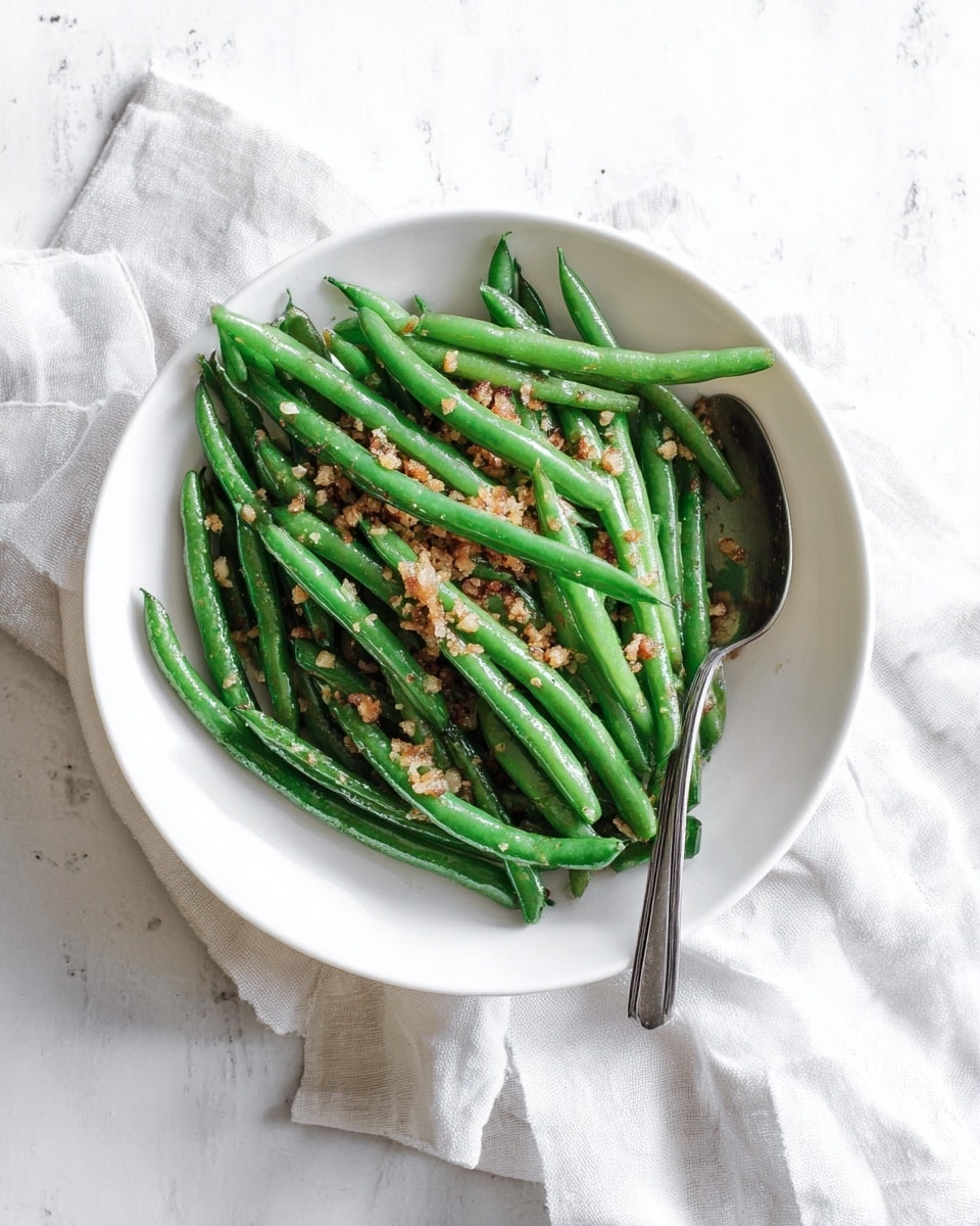 A white bowl filled with bright green cooked green beans neatly piled in the center, topped with a light sprinkling of small, finely chopped brown bits, likely garlic or shallots, adding texture and color contrast. A silver spoon rests on the right side inside the bowl, partly under the green beans. The bowl is placed on a white marbled surface with a soft, crumpled white cloth partially visible underneath. Photo taken with an iphone --ar 4:5 --v 7