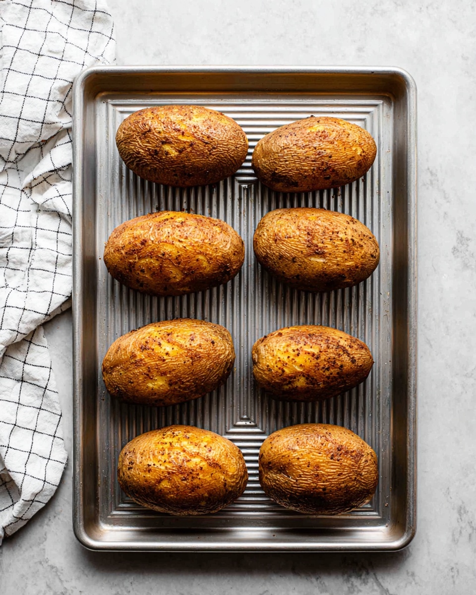 Twice Baked Potatoes Recipe 4 The image shows six baked potatoes placed evenly on a metal baking sheet with ridges. Each potato has a golden-brown, crispy skin with some darker spots and specks of seasoning visible on the surface. The potatoes are oval-shaped and appear firm with textured skin. The baking sheet is on a white marbled surface, and there is a white cloth with black grid lines partially visible on the left side. The lighting highlights the texture of the potatoes and the metallic shine of the baking sheet. photo taken with an iphone --ar 4:5 --v 7