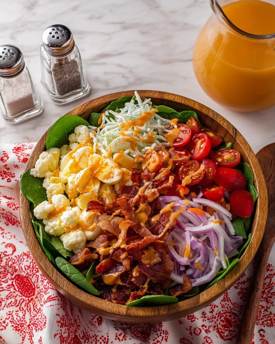 A wooden bowl holds a fresh salad with five main layers arranged side by side on a bed of dark green spinach leaves. From left to right, the layers include small white cauliflower pieces sprinkled with pepper, white bean sprouts, chopped hard-boiled eggs drizzled with a light orange dressing, crispy brown bacon pieces also covered with the dressing, and bright red cherry tomato halves mixed with thin slices of purple onion. The bowl sits on a white marbled table with a red-and-white patterned cloth, clear salt and pepper shakers, and a glass pitcher with orange liquid around it. Photo taken with an iphone --ar 4:5 --v 7