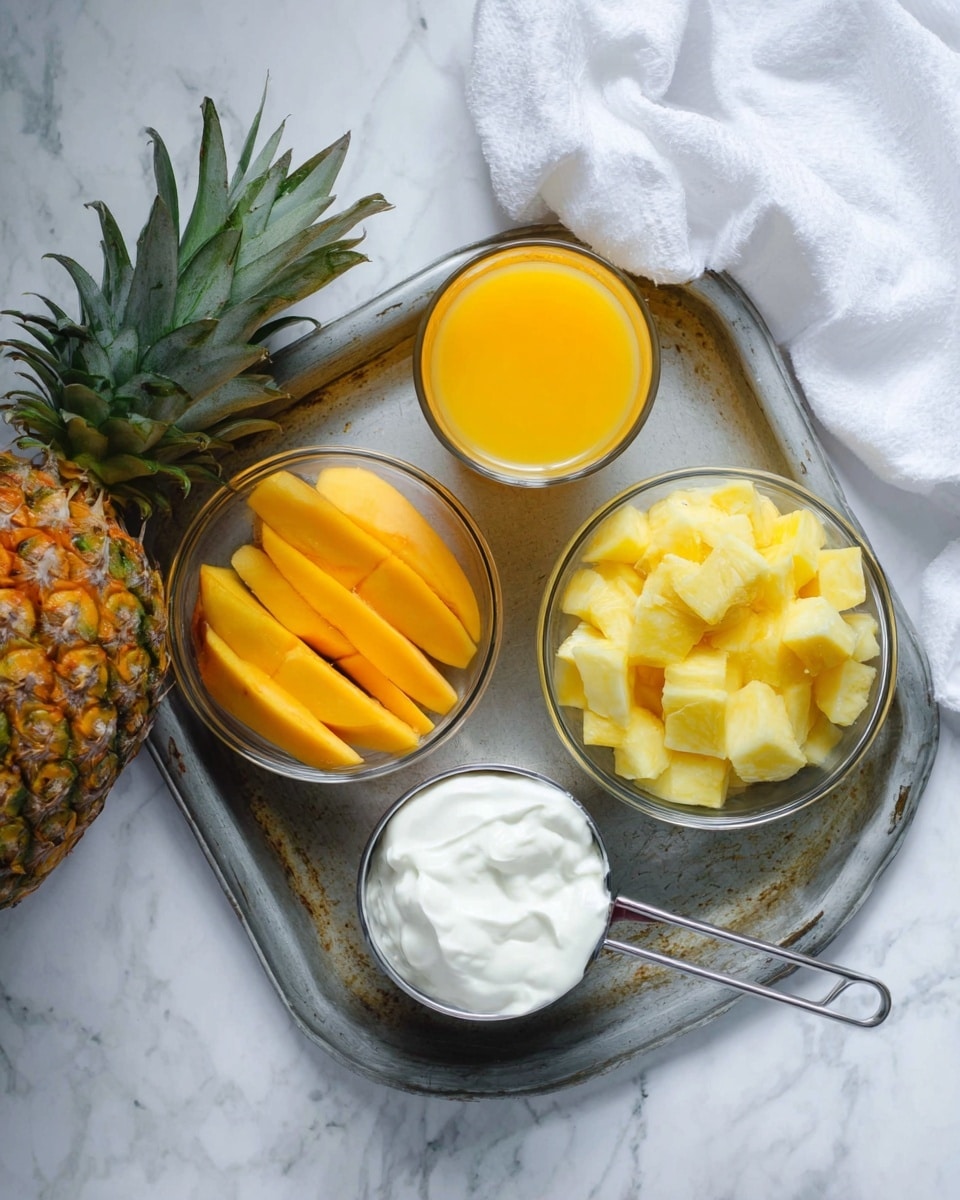 The image shows a white marbled surface with a whole pineapple on the left side and a white cloth partially covering the top right corner. On a metal tray with a worn texture, there are four items: a few thick orange-yellow mango slices positioned at the top left, a metal cup of bright orange juice to the top right, a clear bowl filled with orange-yellow mango chunks in the middle left, a clear bowl containing yellow pineapple chunks in the middle right, and a metal measuring cup holding white creamy yogurt at the bottom center. The objects are arranged neatly with clear separation between the fruit pieces and liquids photo taken with an iphone --ar 4:5 --v 7