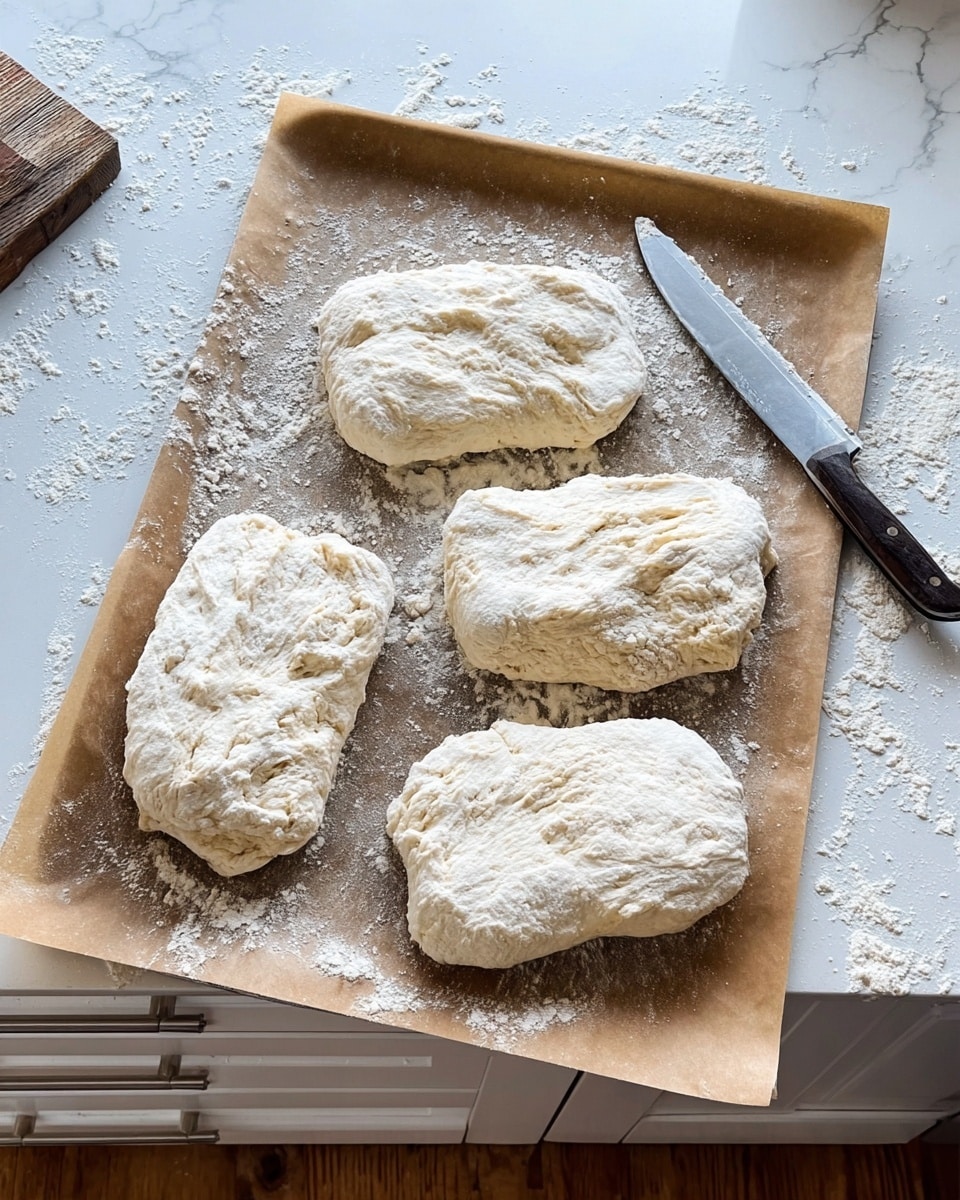 Four rectangular pieces of raw dough are placed on brown parchment paper on a baking sheet. Each dough piece is unevenly shaped with a white flour dust layer on top, showing rough creases and folds. The baking sheet rests on a white marbled surface covered with scattered flour. A large silver knife with a black handle lies near the baking sheet, with some flour on both the knife and the surface. The scene includes a kitchen background with white drawers and a wooden floor. photo taken with an iphone --ar 4:5 --v 7