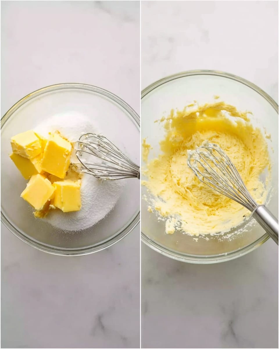 Two side-by-side images show the process of mixing ingredients in a clear bowl on a white marbled surface. The left image shows three large yellow butter pieces and white sugar in the bowl with two metal beaters partially inside the mixture. The right image shows the same bowl with the butter and sugar mixed into a light yellow creamy texture, with the metal beaters resting inside. Photo taken with an iphone --ar 4:5 --v 7
