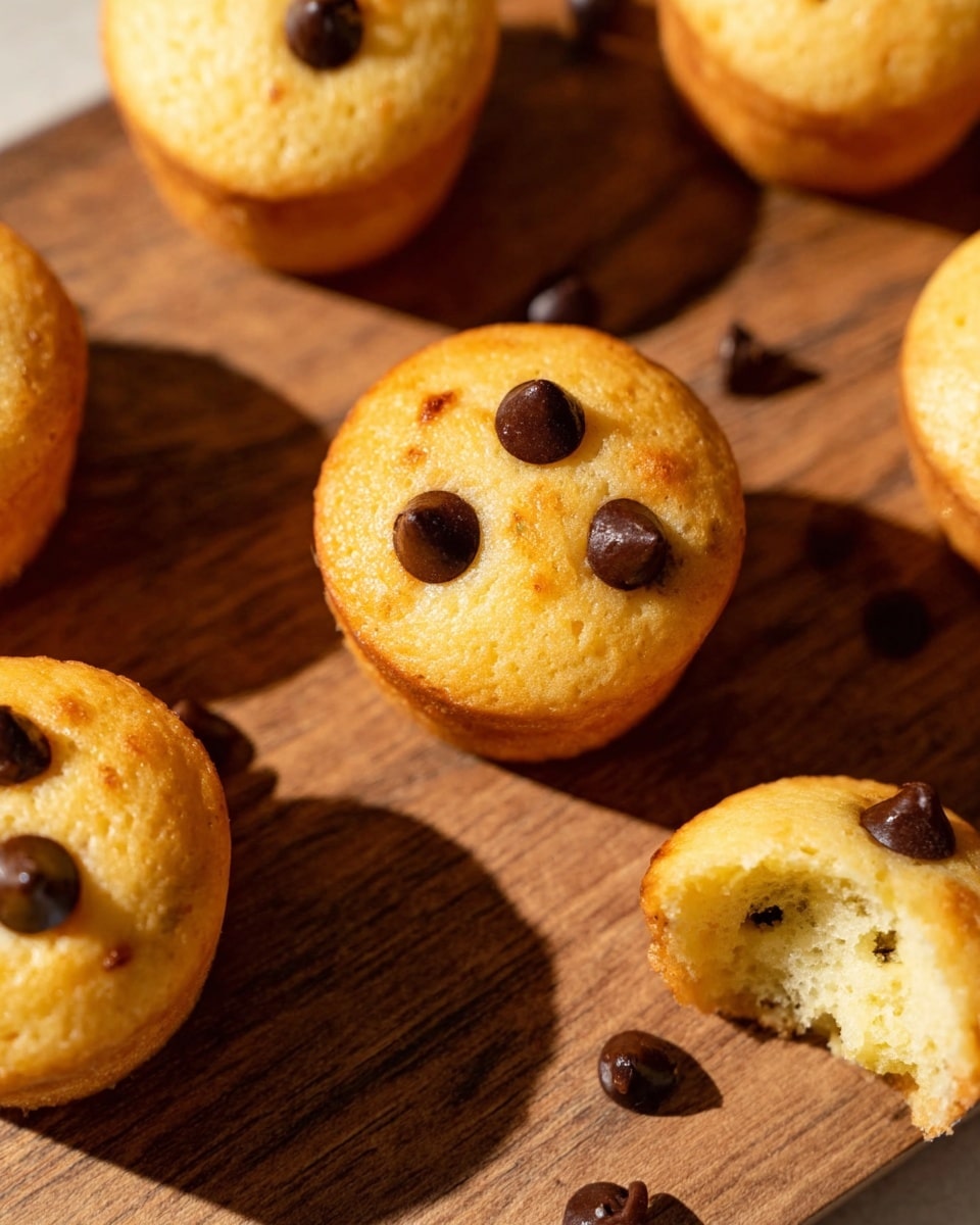The image shows several small, round light golden cupcakes with smooth tops, each decorated with one or two dark chocolate chips embedded on the surface. The cupcakes are arranged on a wooden board with a natural brown texture and some scattered chocolate chips around them. One cupcake at the bottom right corner appears to have a bite taken out, revealing a soft, moist interior. The lighting is bright and natural, casting soft shadows that add depth. Photo taken with an iphone --ar 4:5 --v 7