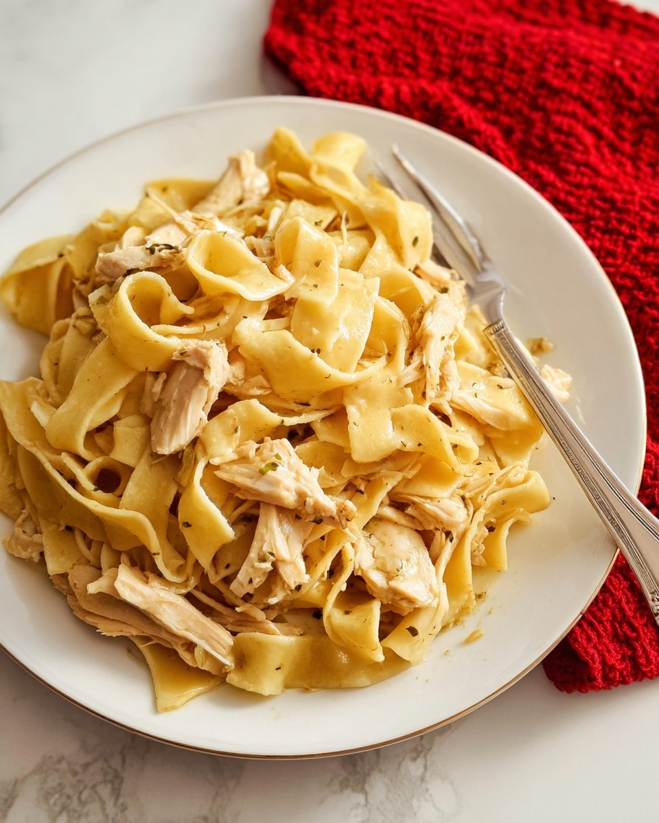 A white plate filled with wide, flat pasta noodles that are light yellow with a smooth texture. Mixed throughout the pasta are small pieces of shredded chicken that are pale and slightly moist, blending well with the noodles. A silver fork rests on the top right side of the plate. The background shows a white marbled surface with a red textured cloth partially visible in the upper right corner. Photo taken with an iphone --ar 4:5 --v 7