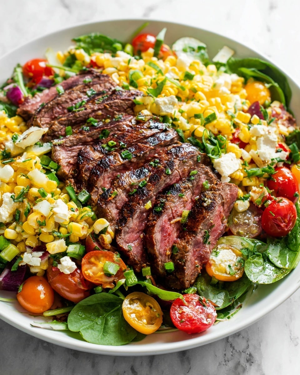 A white plate holds a colorful salad with layers starting from bright green spinach leaves at the bottom. On top, there is a mix of yellow grilled corn with slight char marks, chopped green onions, and small pieces of white cheese. Scattered around are halved cherry tomatoes in deep red and golden yellow colors. The center of the dish features several slices of medium-rare steak with a dark brown grilled surface and pink inside, sprinkled with chopped herbs. The whole plate sits on a white marbled surface. photo taken with an iphone --ar 4:5 --v 7