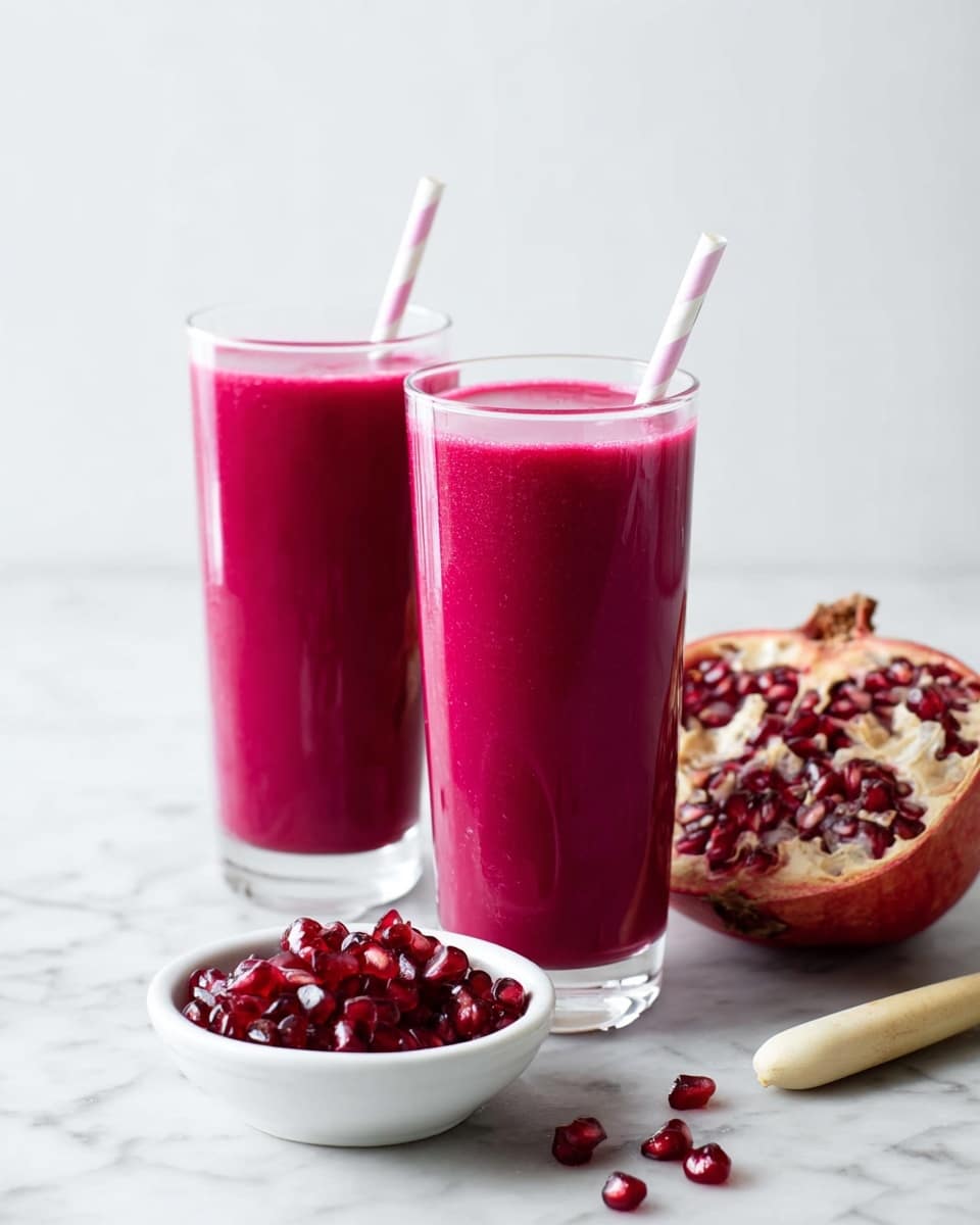 Two tall clear glasses are filled with thick, bright pink pomegranate juice, each glass holding a white-striped straw placed upright. In front and slightly to the right, a small white bowl is filled with shiny, dark red pomegranate seeds. Behind the bowl, half a pomegranate fruit is visible, showing its red seeds and white insides. A wooden utensil with a pale handle lies next to the bowl. A few loose pomegranate seeds are scattered on the white marbled surface beneath. The background is plain white. Photo taken with an iphone --ar 4:5 --v 7
