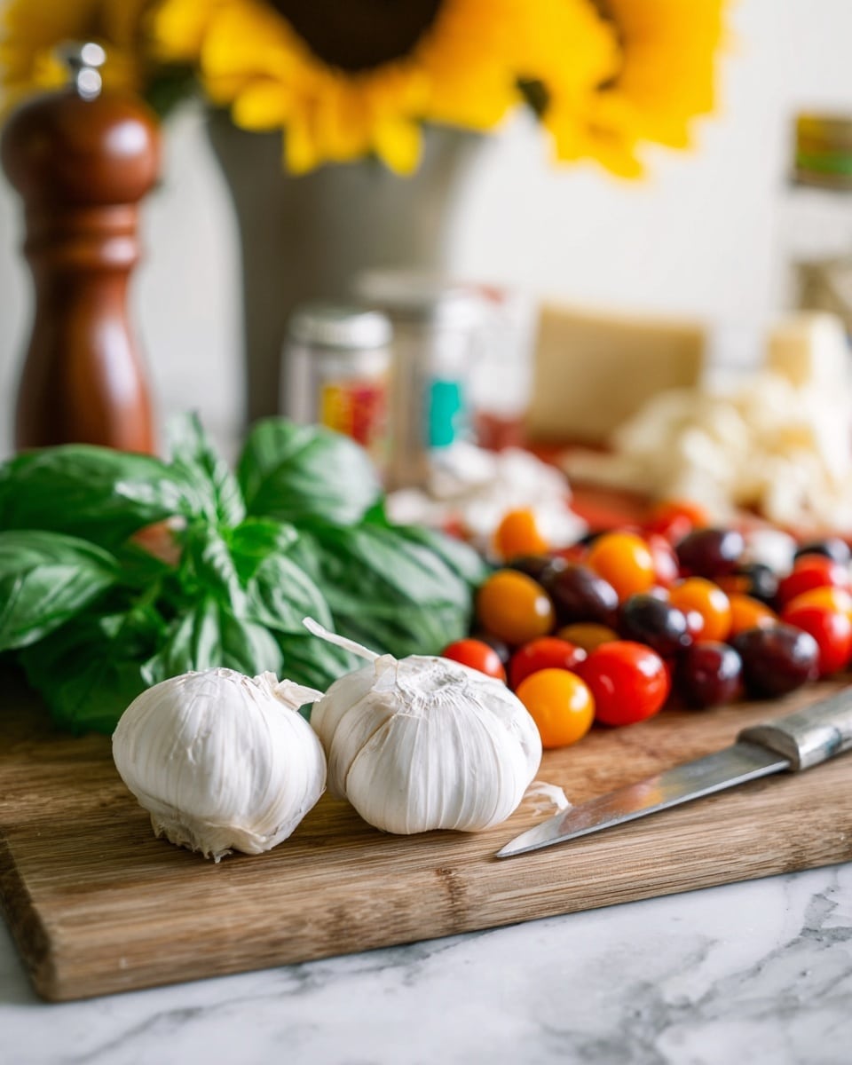 This image shows a wooden board with fresh ingredients lying on it. At the front are two white garlic bulbs with papery skins near them. Behind the garlic, there is a pile of small cherry tomatoes in red, orange, and dark purple colors. Further back and to the right is a bunch of fresh, green basil leaves with a shiny texture. A knife with a silver blade rests on the board near the basil. In the blurry background, a glass bottle, a pepper grinder, a container with cheese pieces, and bright yellow sunflowers are visible, all set against a white marbled surface. photo taken with an iphone --ar 4:5 --v 7
