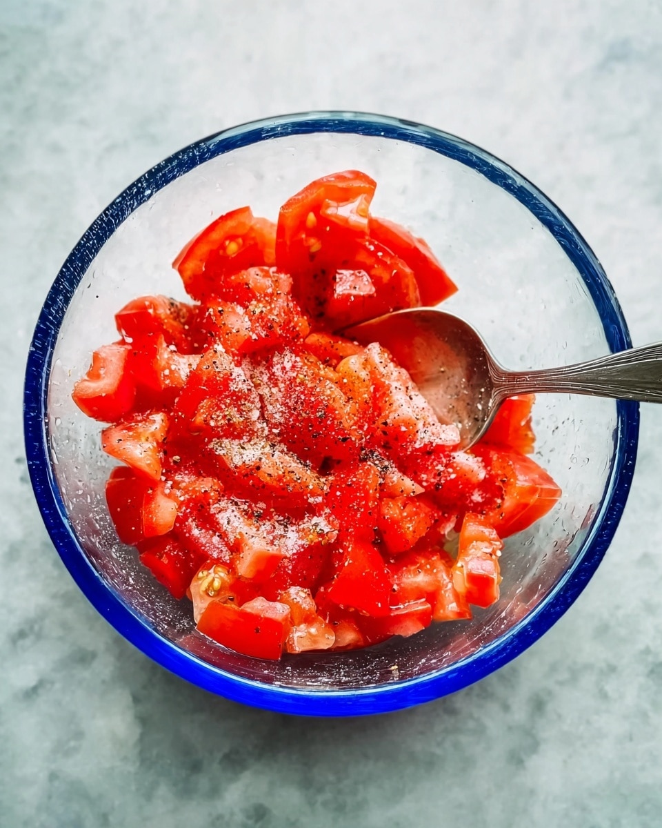 A clear glass bowl with a blue rim holds roughly chopped red tomatoes, sprinkled with black pepper and salt, with a silver spoon resting inside the bowl. The bowl is placed on a white marbled surface. The tomatoes appear fresh and juicy, with the seasoning evenly spread on top. photo taken with an iphone --ar 4:5 --v 7