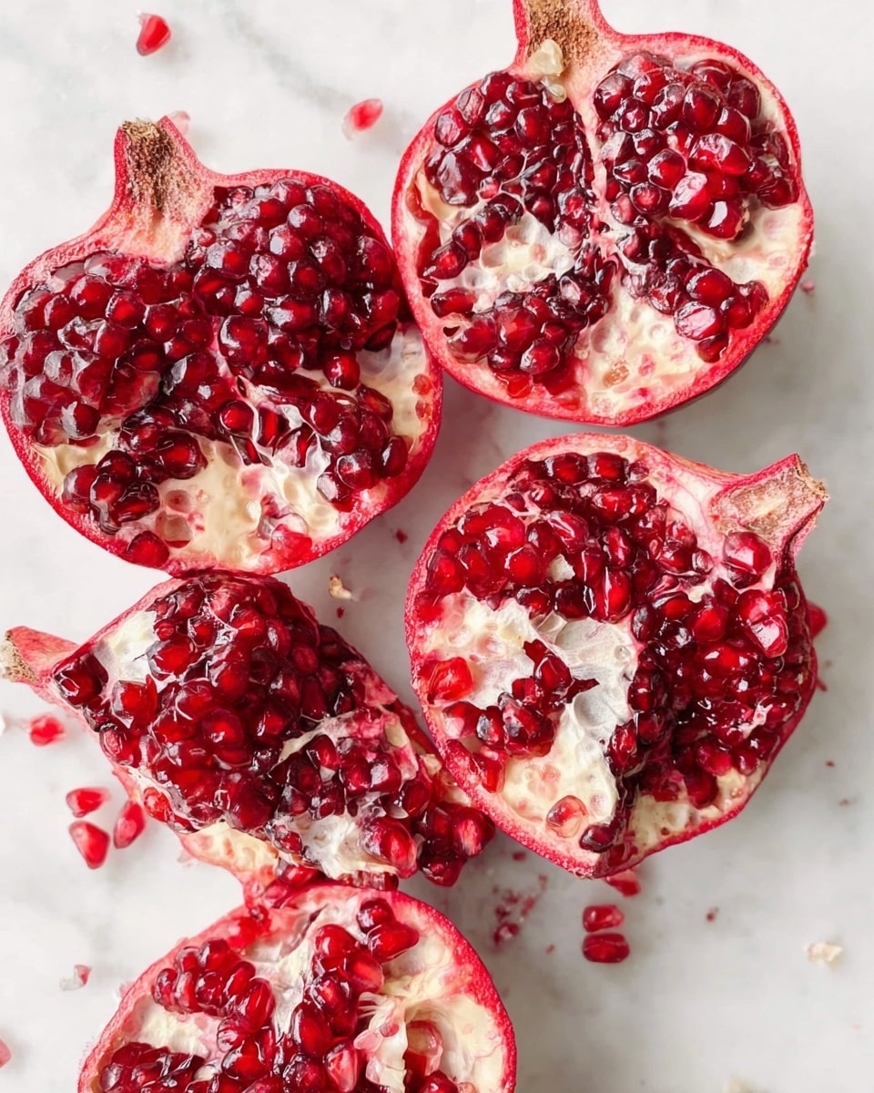 The image shows a pomegranate cut into six uneven pieces lying open on a white marbled surface. The outer skin is bright red, while inside, deep red juicy seeds cluster densely together divided by thin, rough, off-white membranes. Small loose seeds and bits of the white membrane are scattered around the fruit. Photo taken with an iphone --ar 4:5 --v 7