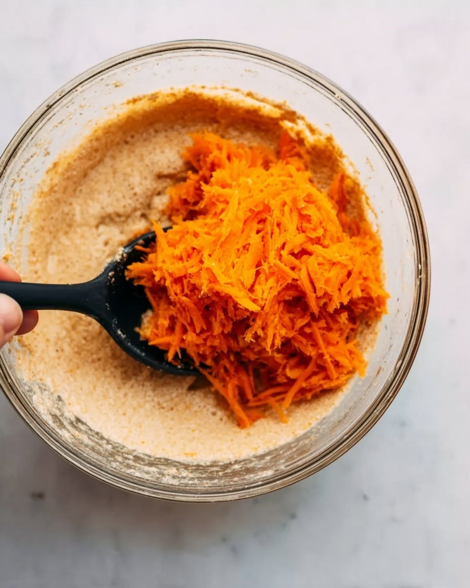 A clear glass bowl sits on a white marbled surface, filled with a creamy beige mixture. On top, a large mound of bright orange shredded carrots rests, partially mixed into the creamy base. A black spoon is scooping some of the carrots, positioned on the left side of the bowl, with a woman's hand holding it from outside the frame. The textures show the contrast between the smooth creamy mixture and the fibrous carrot shreds. Photo taken with an iphone --ar 4:5 --v 7