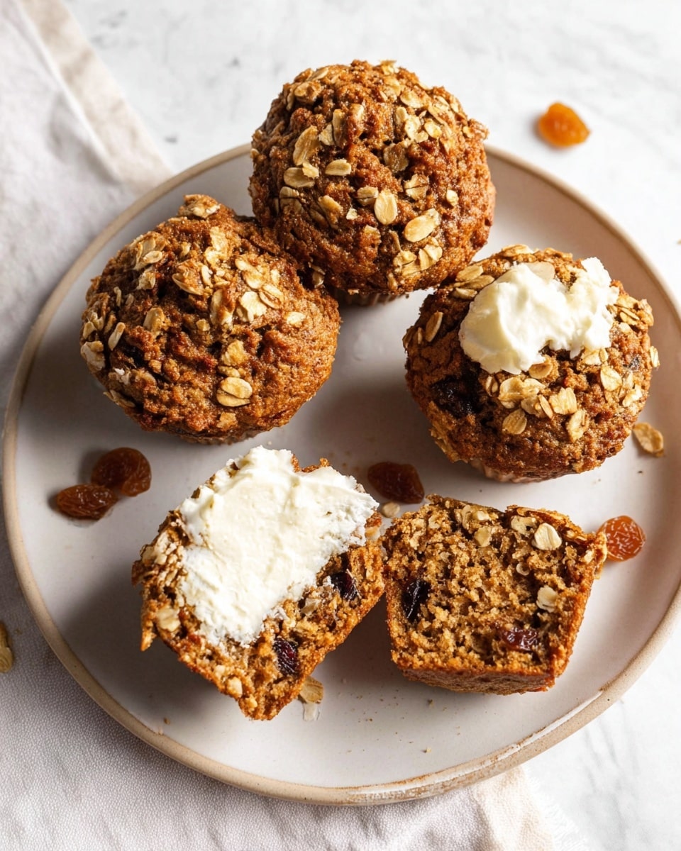 Four oatmeal muffins with a golden brown, textured top showing oats sit on a white plate, one muffin is cut in half revealing a moist inner layer with visible raisins and nuts; one half of this muffin is spread with a smooth white cream. Some golden raisins are scattered on the plate around the muffins. The plate is on a white marbled surface. photo taken with an iphone --ar 4:5 --v 7