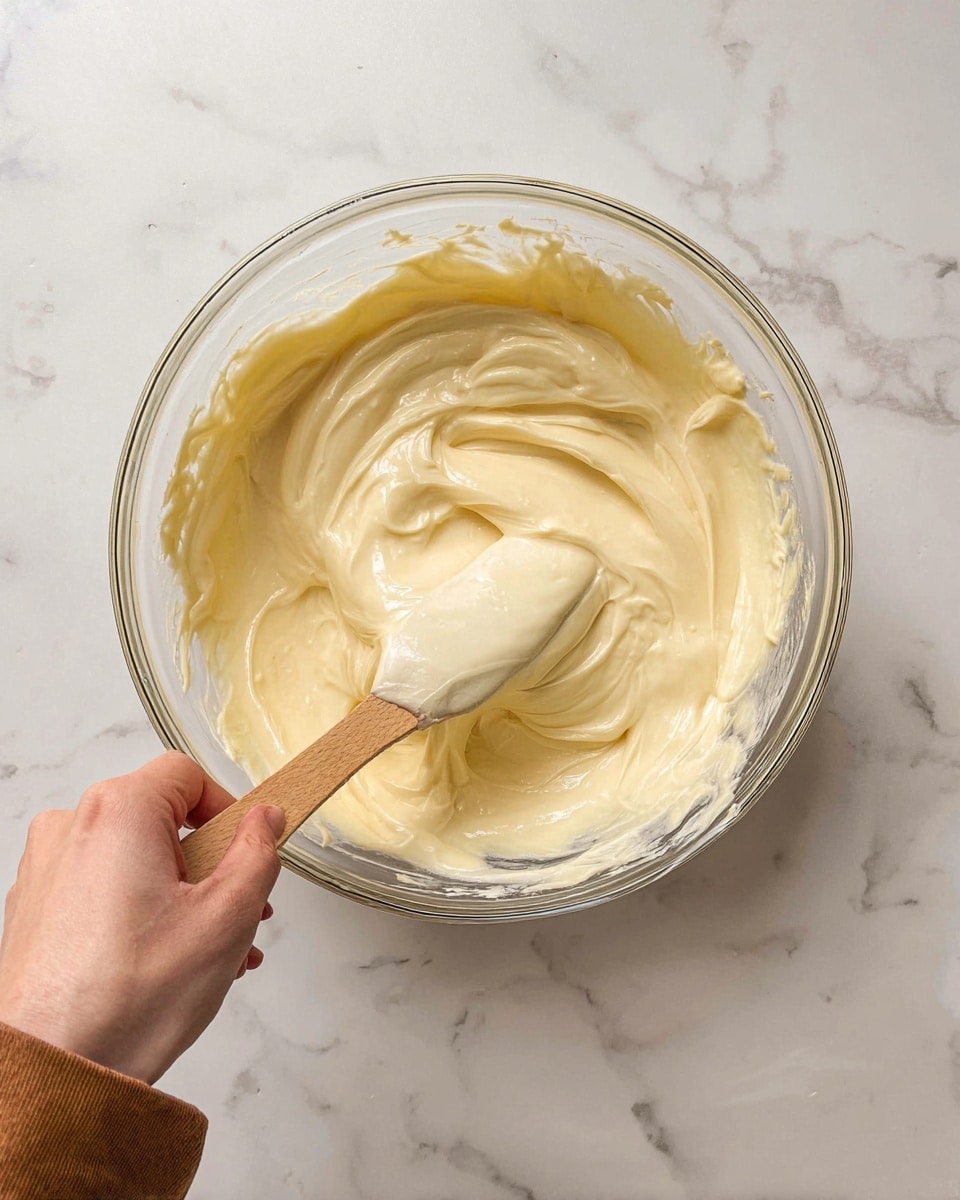 A clear glass bowl filled with a thick, smooth, creamy pale yellow batter is seen from above, sitting on a white marbled surface. A woman's hand holds a wooden spatula with the same creamy batter dripping slowly from it, showing the batter’s thick and silky texture. The bowl has batter spread unevenly along the sides, suggesting mixing is in progress. The light reflections on the batter highlight its glossy and rich consistency, with soft folds and peaks visible. The background is the white marbled surface with subtle gray veins, and part of a brown shirt is visible at the bottom edge of the image. Photo taken with an iphone --ar 4:5 --v 7