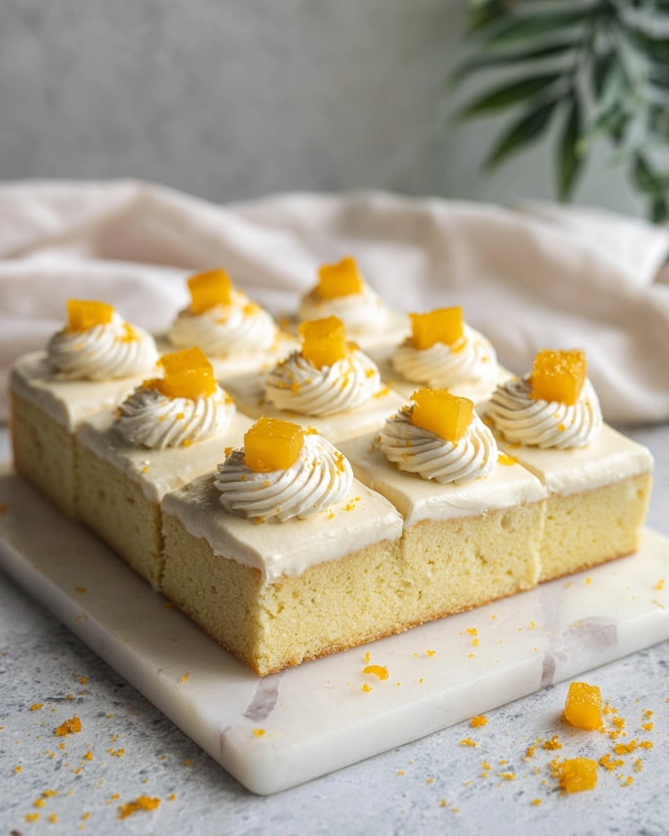 A rectangular cake with two layers: the bottom layer is light yellow and spongy, and the top layer is a smooth, creamy off-white frosting evenly spread. The cake is divided into eight squares with light score marks. Each square has a swirl of white whipped cream in the center topped with a small bright orange cube. There are small orange crumbs scattered lightly over the frosting and around the cake on a white marbled surface. In the background is a soft white cloth and a blurred green plant. photo taken with an iphone --ar 4:5 --v 7