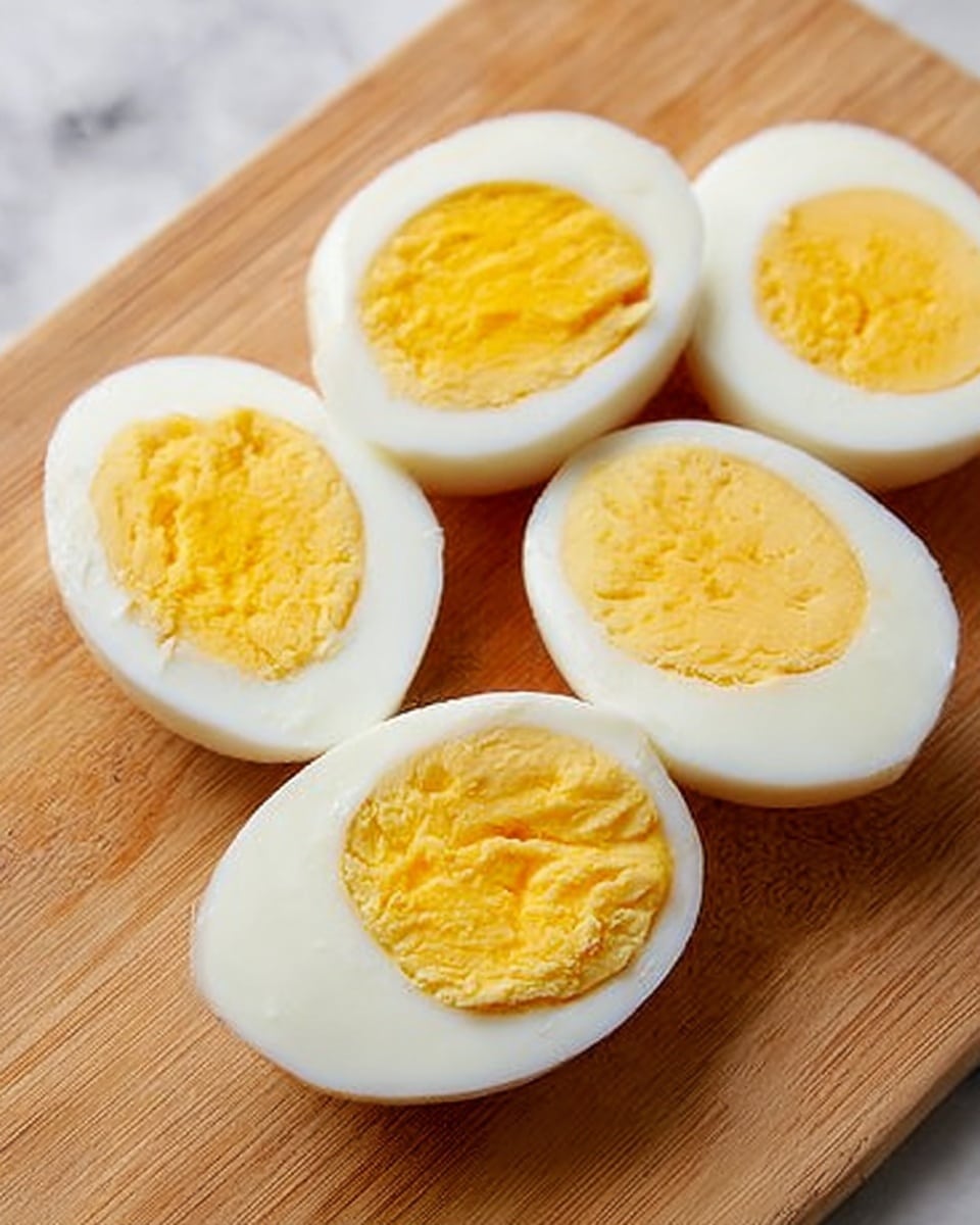 The image shows four hard boiled eggs, each sliced in half and placed on a light wooden cutting board with a smooth texture. Each egg half reveals a firm, bright yellow yolk in the center surrounded by a smooth, white egg white layer. The yolks are solid with some small cracks and uneven surface textures, while the egg whites have clean, sharp edges. The background is a white marbled texture that contrasts softly with the wooden board and eggs. Photo taken with an iphone --ar 4:5 --v 7