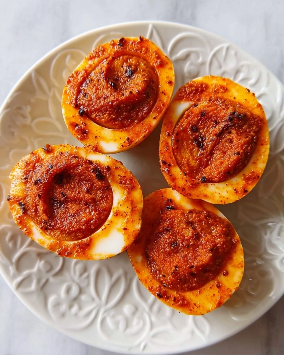 The image shows four halves of boiled eggs, each topped with a thick, spicy reddish-orange sauce that looks slightly rough in texture with visible specks of spices. The egg whites are smooth and bright white, contrasting with the vibrant sauce covering the yolk areas. The eggs are arranged closely together on a white plate with a subtle decorative pattern. The plate sits on a white marbled surface. photo taken with an iphone --ar 4:5 --v 7