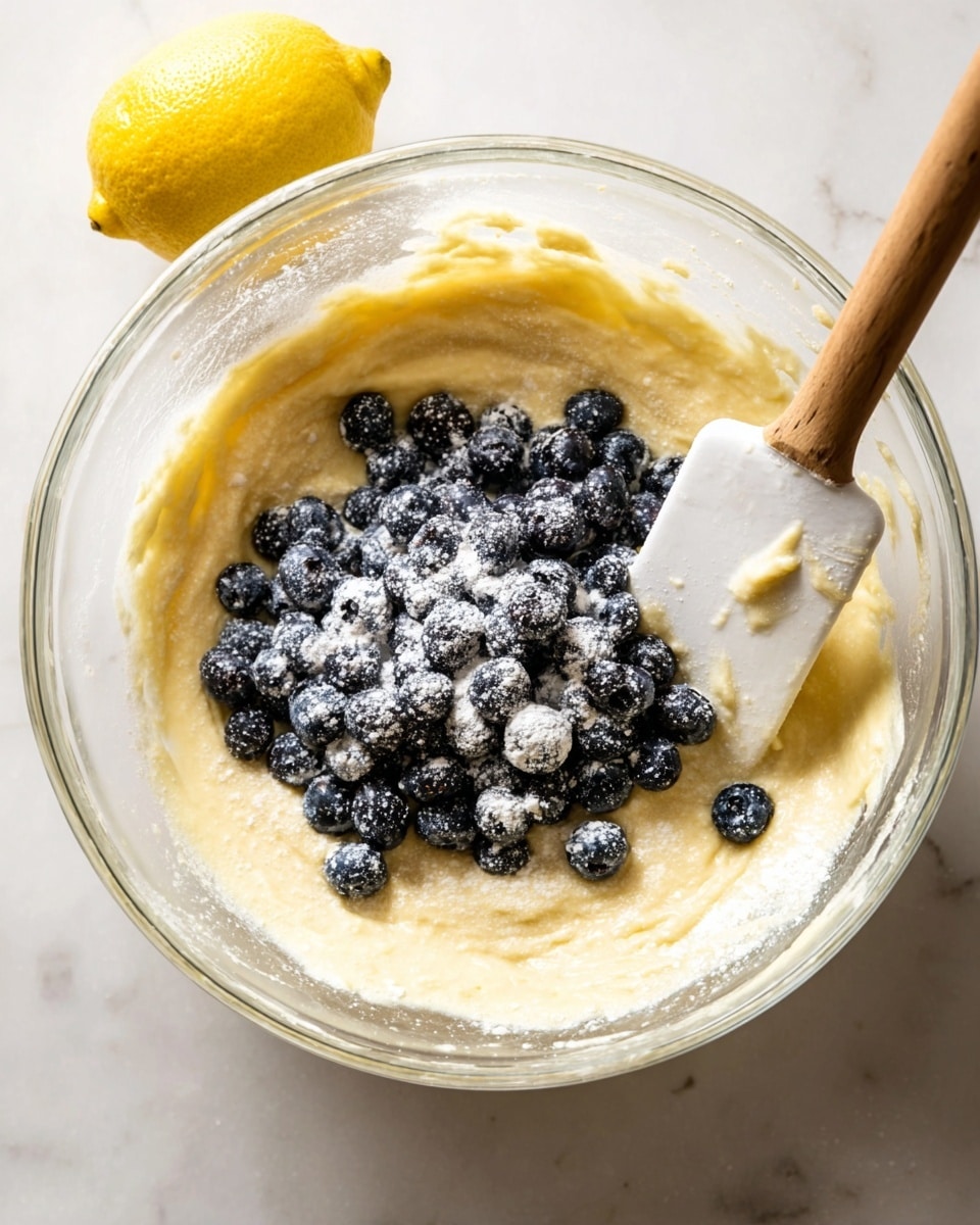 A clear glass bowl filled with pale yellow cake batter forms the base layer, topped with a pile of dark blue blueberries dusted lightly with white flour, sitting mostly in the center. A white spatula with a wooden handle is stuck in the batter on the right side of the bowl, partially covered with the smooth batter. A bright yellow lemon rests on the white marbled surface next to the bowl on the left. The photo has soft, natural lighting and is shot from above at an angle. photo taken with an iphone --ar 4:5 --v 7