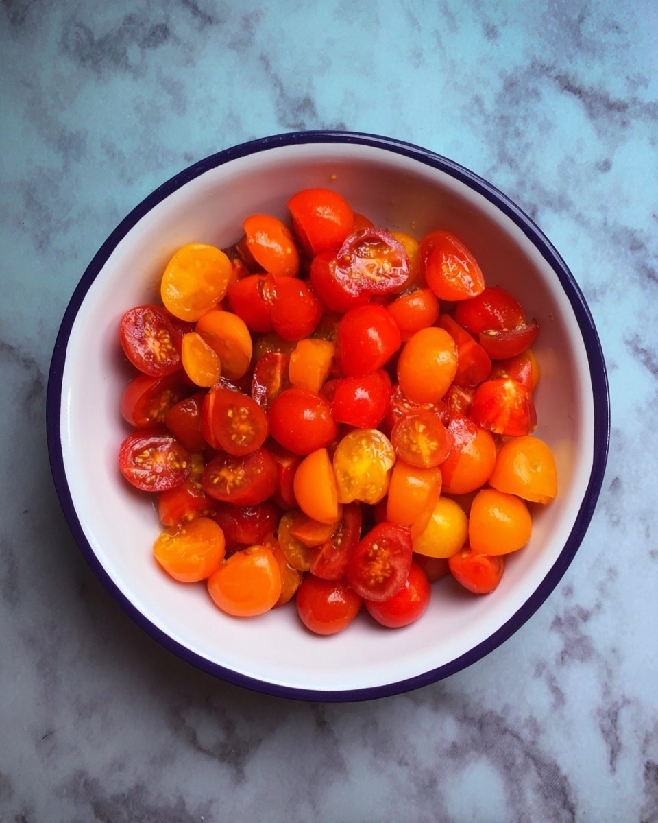 A white bowl with a thin dark blue edge, filled with a mix of halved small tomatoes in bright red and orange colors, showing a shiny and smooth texture. The tomatoes are cut into pieces, filling the bowl with a colorful pattern. The background is a white marbled surface. Photo taken with an iphone --ar 4:5 --v 7