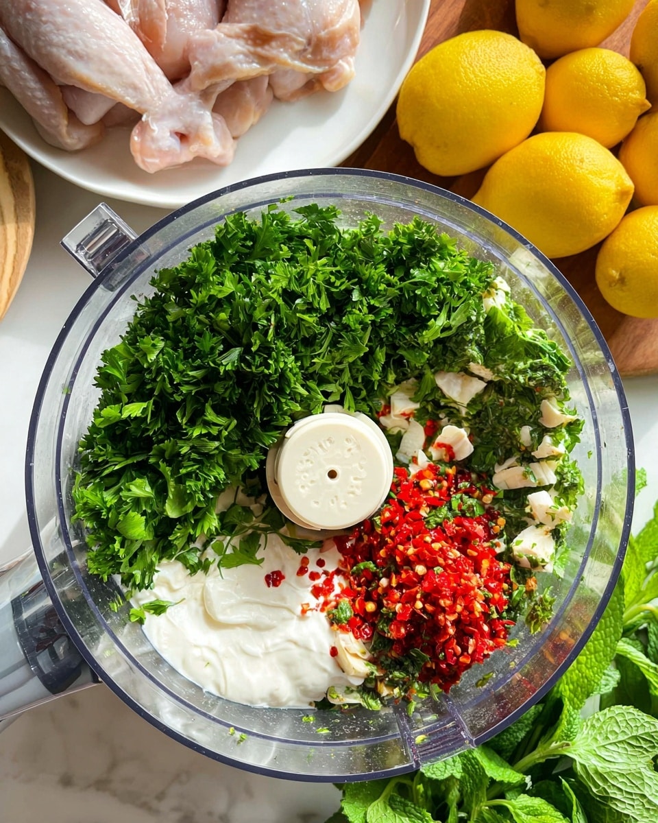 In a clear food processor bowl, there are several layers of ingredients visible from top view. The top layer has bright green fresh parsley leaves with a soft leafy texture covering most of the surface. To the side is a pile of finely chopped red chili peppers with visible seeds, showing a rough and slightly chunky texture. Below and mixed around the parsley, there is a white creamy layer of cheese or yogurt with a smooth and thick texture. Beneath these, some garlic cloves and parts of mint leaves can be seen, adding light green and creamy white colors. The food processor bowl sits on a white marbled surface, with a white plate holding raw chicken pieces in the background and a bunch of whole yellow lemons nearby. Photo taken with an iphone --ar 4:5 --v 7