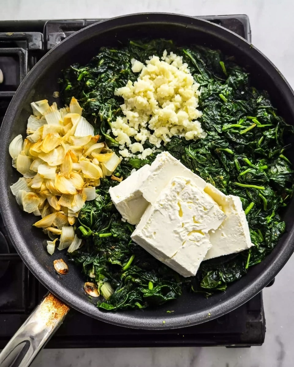 A black frying pan sits on a stove top with three main layers inside. The top right section has a large block of white cream cheese with a smooth texture. The top left and middle left parts contain roughly chopped pale yellow garlic pieces and light beige minced garlic. The lower half of the pan is filled with cooked, dark green spinach that looks soft and moist. The pan handle extends to the left over a white marbled surface. Photo taken with an iphone --ar 4:5 --v 7