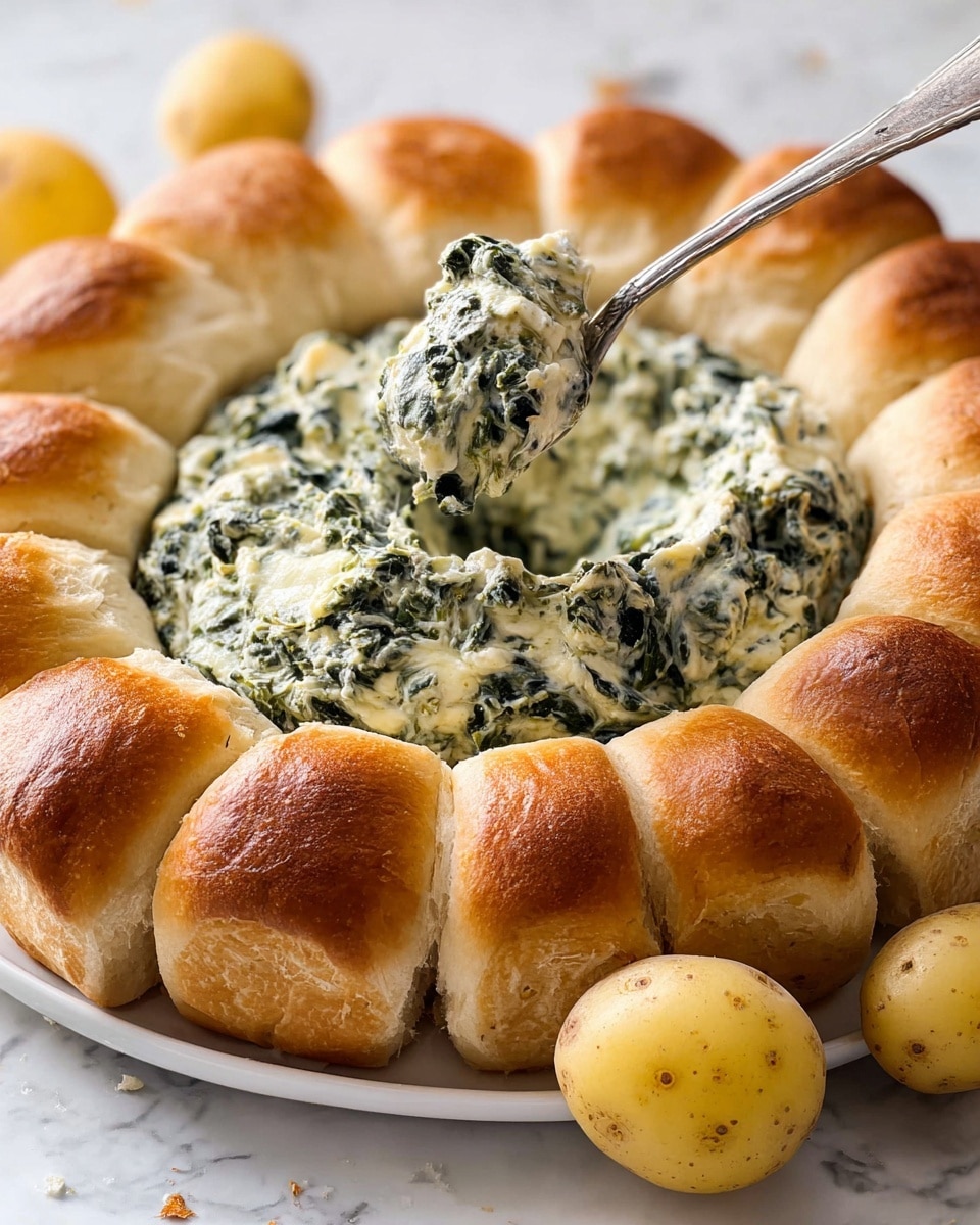 The image shows a round white plate with a thick ring of golden-brown soft bread rolls forming the outer layer. Inside the ring is a creamy spinach and cheese dip, creamy white with visible dark green spinach pieces mixed throughout, giving it a thick, textured look. A silver spoon is partially dipped into the dip, scooping some out from the center. The plate is set on a white marbled surface, and a few small yellow potatoes are positioned to the side of the plate. The photo taken with an iphone --ar 4:5 --v 7