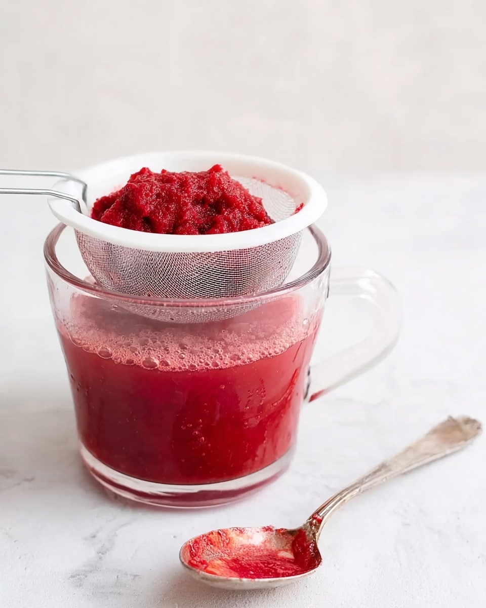 The image shows a clear glass cup filled halfway with a bright red liquid that has small bubbles on the surface. On top of the cup, there is a white mesh strainer holding thick red pulp. To the right of the cup, there is an old spoon with red stains on it, resting on a white marbled surface. The background is also white with a soft marbled texture. The scene looks clean and simple with a focus on the red fruit liquid and pulp. Photo taken with an iphone --ar 4:5 --v 7
