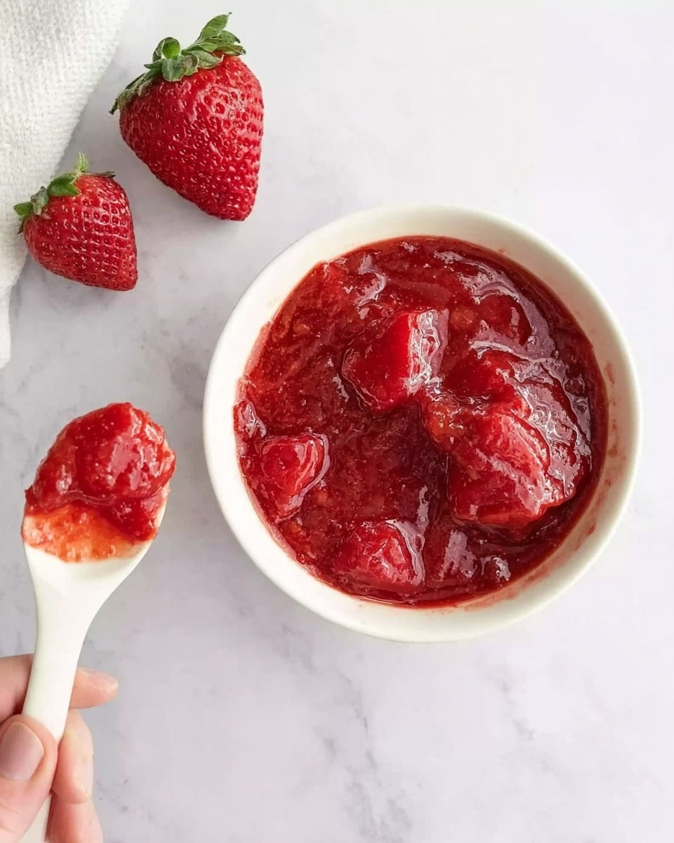 A white bowl filled with chunky red strawberry sauce, with visible large pieces of strawberries in a slightly thick, shiny liquid. Next to the bowl, a woman's hand holds a white spoon with a scoop of the strawberry sauce. Near the spoon, a single fresh red strawberry with green leaves sits on the white marbled surface. The overall colors are bright red from the strawberries and a soft white background, creating a fresh and inviting look. photo taken with an iphone --ar 4:5 --v 7