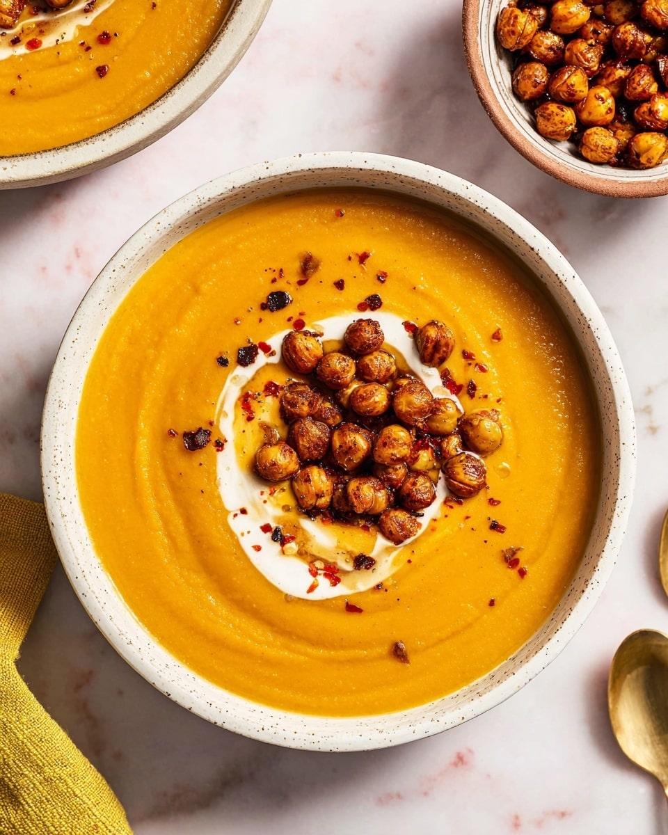 A bowl filled with a smooth, thick orange soup that covers the entire surface evenly. On top, there is a small swirl of white cream near the center, surrounded by a cluster of golden brown, roasted chickpeas that look crispy. Scattered around the chickpeas are small drops and streaks of red chili oil with tiny black chili flakes, adding a shiny texture and a pop of color. The bowl is white with a subtle speckled pattern and rests on a white marbled surface. A small bowl with more roasted chickpeas sits to the upper right, and a yellow cloth is partially visible on the lower left. photo taken with an iphone --ar 4:5 --v 7