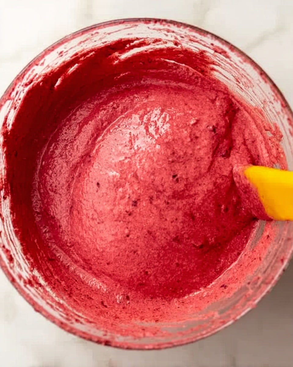 The image shows a close-up of a clear glass bowl filled with thick, bright pinkish-red batter or mixture. The batter has a smooth but slightly textured surface, with some small darker red spots visible inside it. A yellow spatula is partially seen pressing into the mixture on the right side of the bowl. The bowl is placed on a white marbled surface with some batter smudges around the rim. The lighting highlights the rich color and the creamy texture of the mixture. photo taken with an iphone --ar 4:5 --v 7
