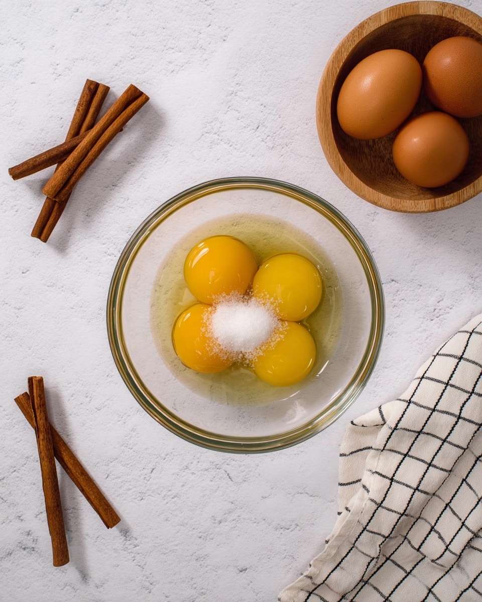 A clear glass bowl is placed on a white marbled texture surface, filled with four raw eggs with bright yellow yolks and a small heap of white granulated sugar on top. To the left, three cinnamon sticks rest flat on the surface, and to the right, a wooden bowl holds three whole brown eggs, sitting partly on a white cloth with a black checkered pattern. The scene looks calm and ready for mixing. photo taken with an iphone --ar 4:5 --v 7