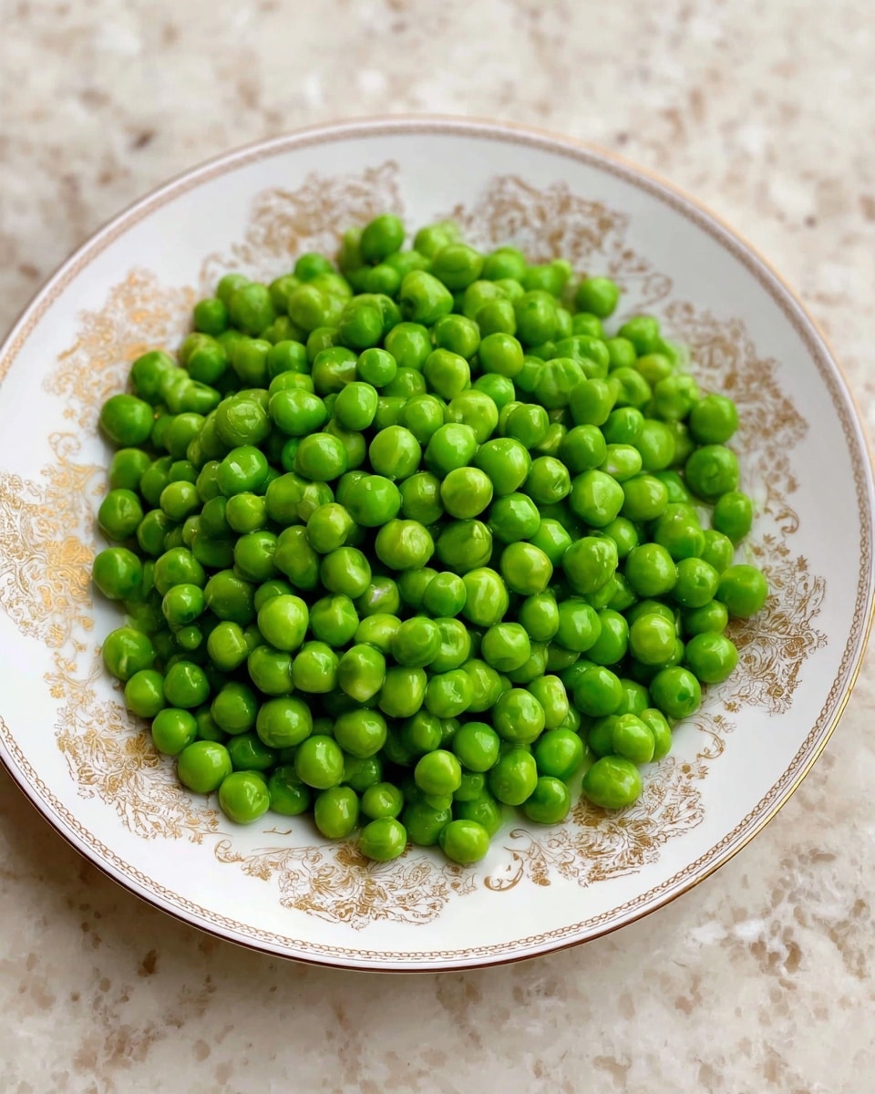 A white plate with a delicate gold floral pattern around the edge is filled with a large mound of bright green peas. The peas are glossy and round, piled evenly in the center of the plate. The plate is set on a white marbled surface that gives a clean, fresh look to the scene. photo taken with an iphone --ar 4:5 --v 7