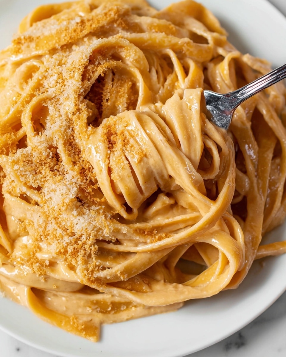 The image shows a close-up of creamy fettuccine pasta served on a white plate with a white marbled surface underneath. The pasta is coated in a thick, smooth orange-beige sauce, creating a shiny texture. Grated cheese is sprinkled over the top, adding a crumbly layer on the left side of the plate. A fork is twirling a small bundle of noodles on the right side, showing the pasta’s soft, flexible strands. The lighting highlights the creamy texture and slight gloss of the sauce photo taken with an iphone --ar 4:5 --v 7