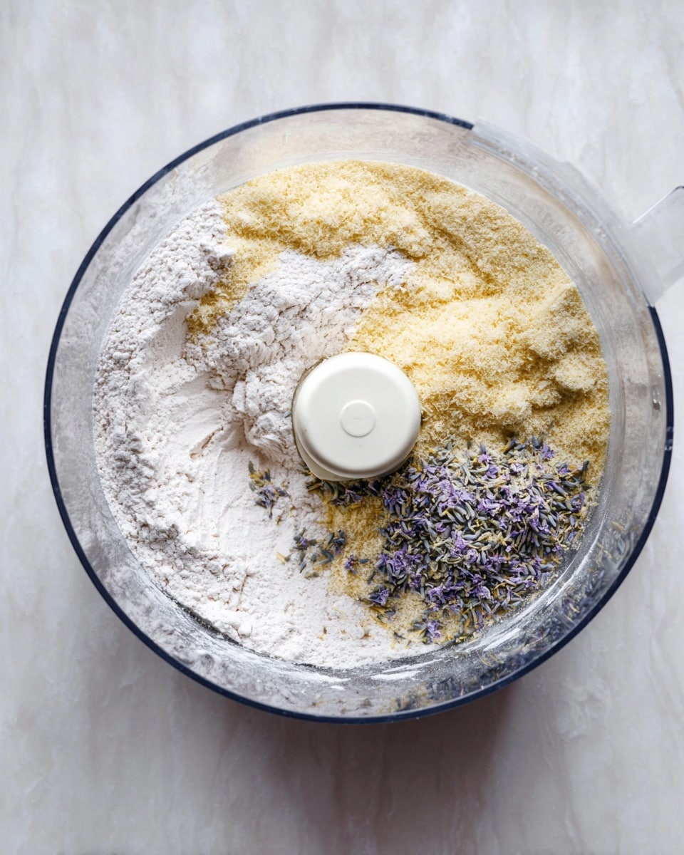 A clear round food processor bowl filled with three main layers of ingredients. The bottom layer is a white powder that looks like flour spread across the bowl. On top of this, there are two finer piles: one of light beige, finely grated zest mostly on the right side, and another of small purple dried flower bits near the center. The textures include soft powders and tiny rough pieces, all sitting loosely without mixing. The bowl is placed on a white marbled surface. Photo taken with an iphone --ar 4:5 --v 7
