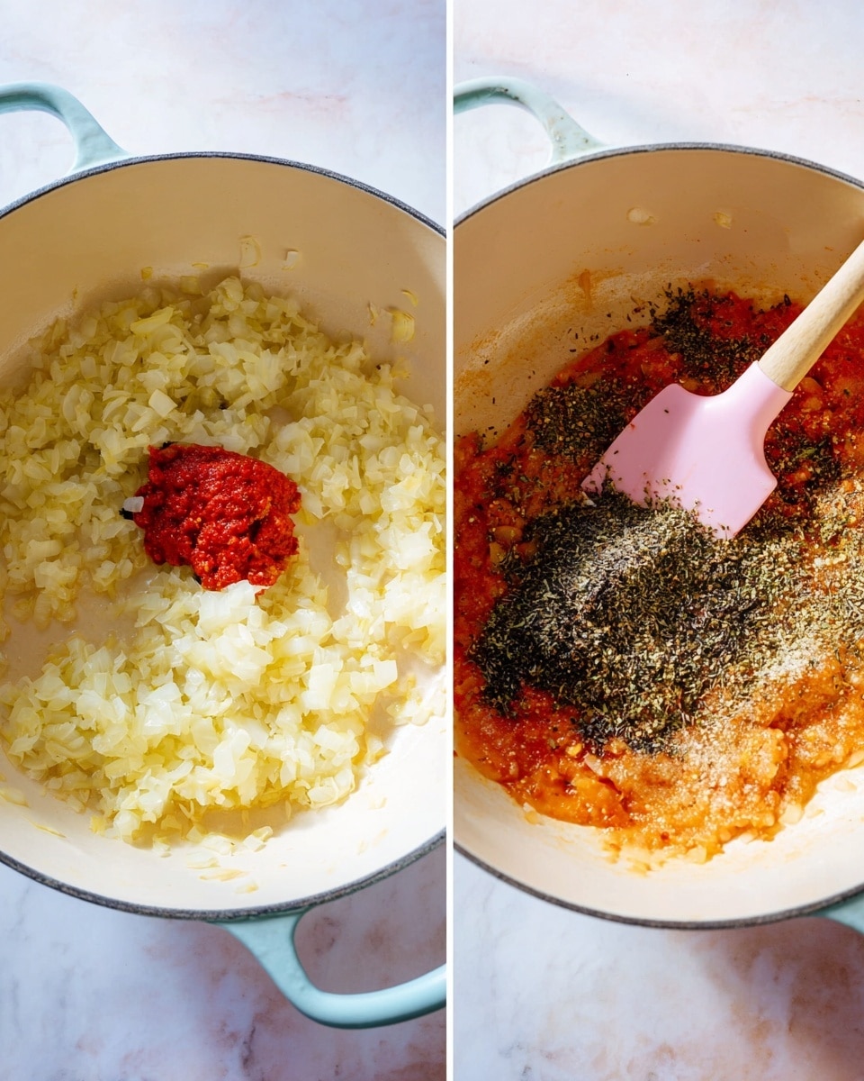 The image shows two white cooking pots with light blue handles on a white marbled surface. The pot on the left has a layer of finely chopped onions cooked to a soft pale yellow color, covering most of the inside, with a small dollop of red tomato paste in the center. The pot on the right has a base layer of cooked onions mixed with tomato paste, giving the onions an orange-red hue, topped with a dark green and black mix of dried herbs and spices that are being stirred with a pink silicone spatula. Steam rises slightly, showing warmth. Photo taken with an iphone --ar 4:5 --v 7