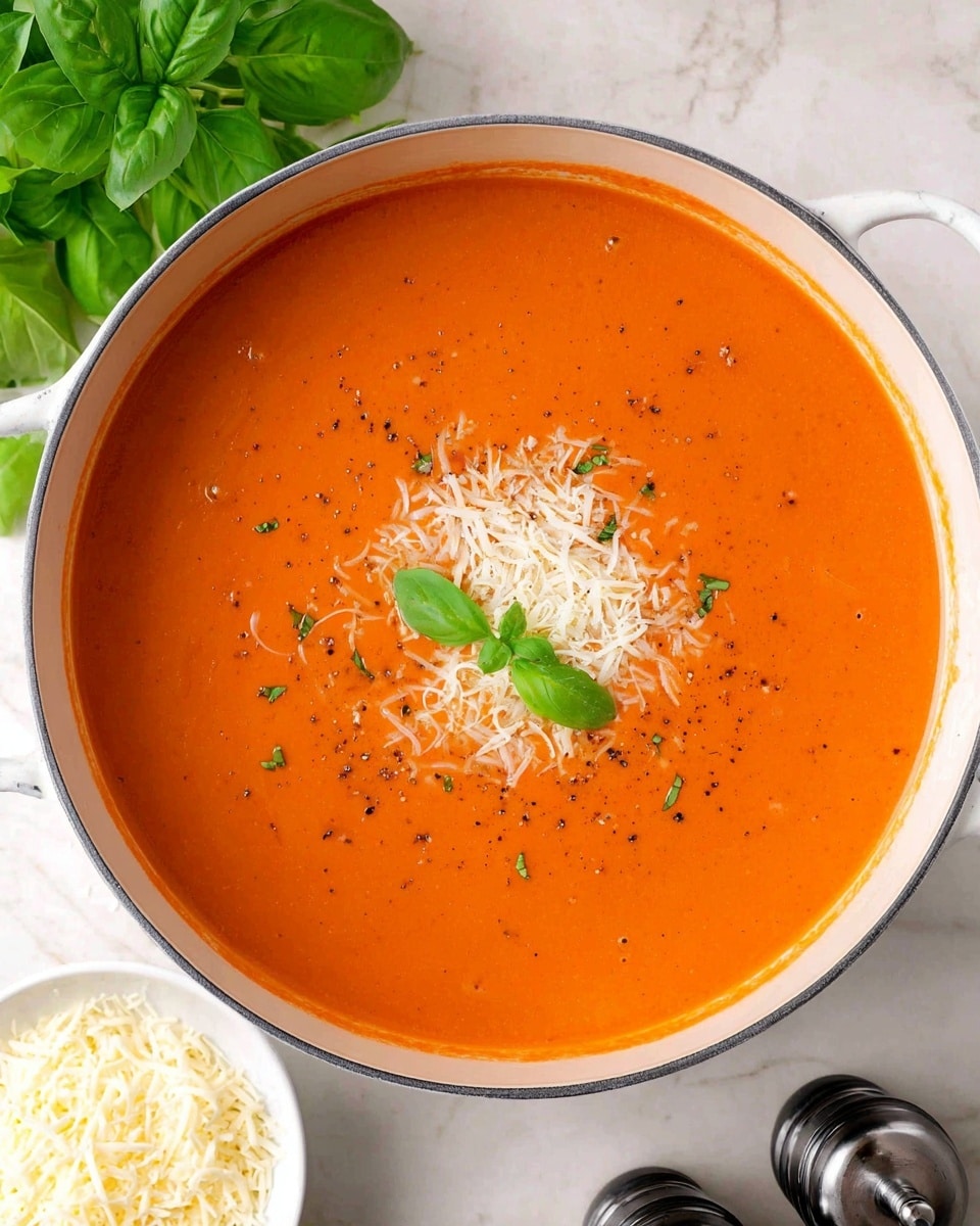 A large white pot filled with smooth, bright orange tomato soup topped with a sprinkle of shredded white cheese and a few ground black pepper bits in the center, garnished with two small fresh green basil leaves slightly to the left. The pot sits on a white marbled surface with a bunch of fresh green basil leaves on the upper left side and a small white bowl full of shredded cheese near the bottom left. Two dark salt and pepper shakers are visible on the lower right side. Photo taken with an iphone --ar 4:5 --v 7