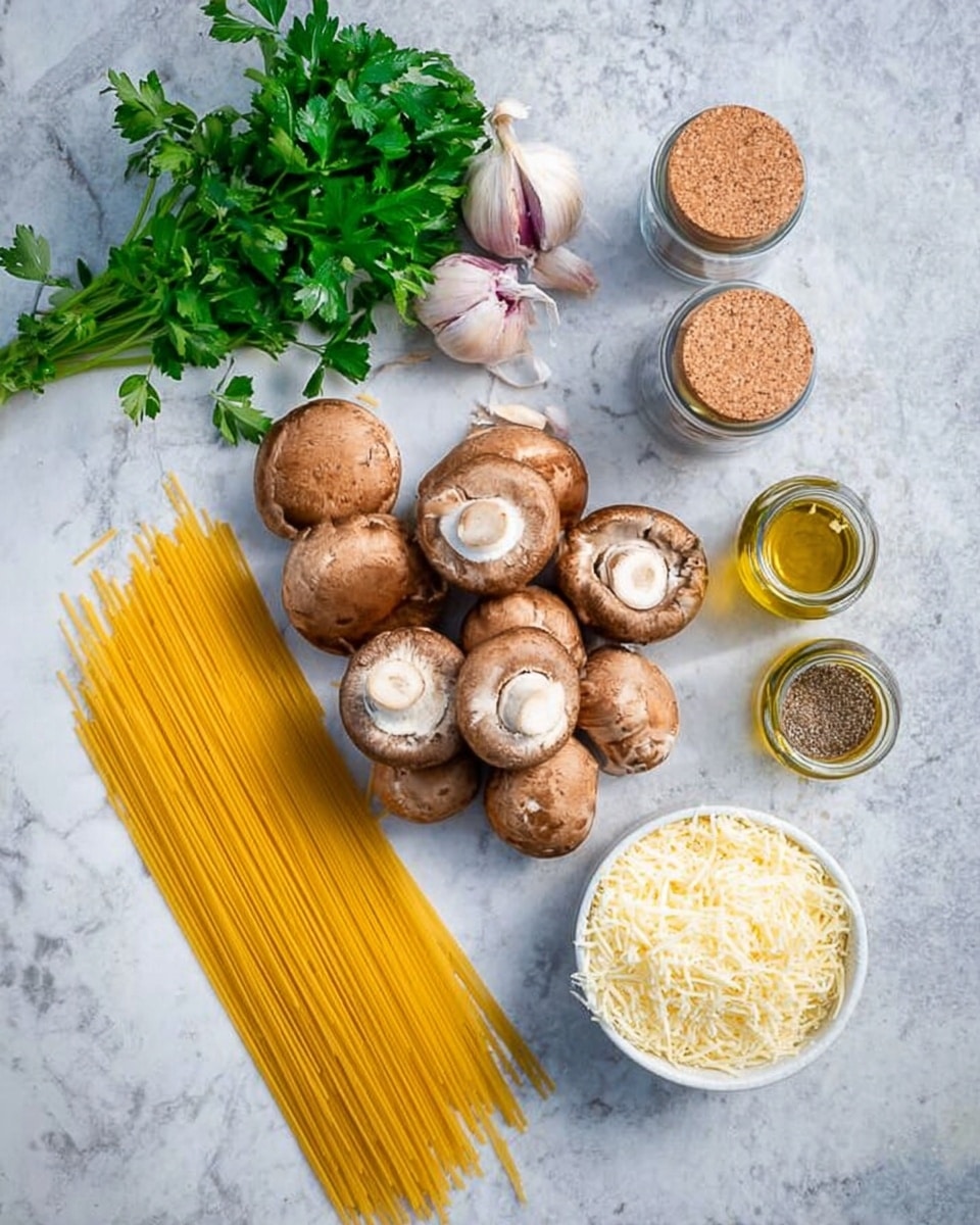 The image shows uncooked yellow spaghetti pasta spread diagonally in the bottom left corner on a white marbled surface. Above the pasta, there is a pile of brown mushrooms with some showing the white underside. To the upper left, there is a bunch of fresh green parsley and three small purple and white garlic bulbs. On the right side of the image, there are four glass jars with cork lids: one filled with olive oil, two smaller jars possibly with spices or salt, and one white bowl filled with shredded cheese. The overall setting is an overhead view with the ingredients neatly arranged on the white marbled surface. photo taken with an iphone --ar 4:5 --v 7