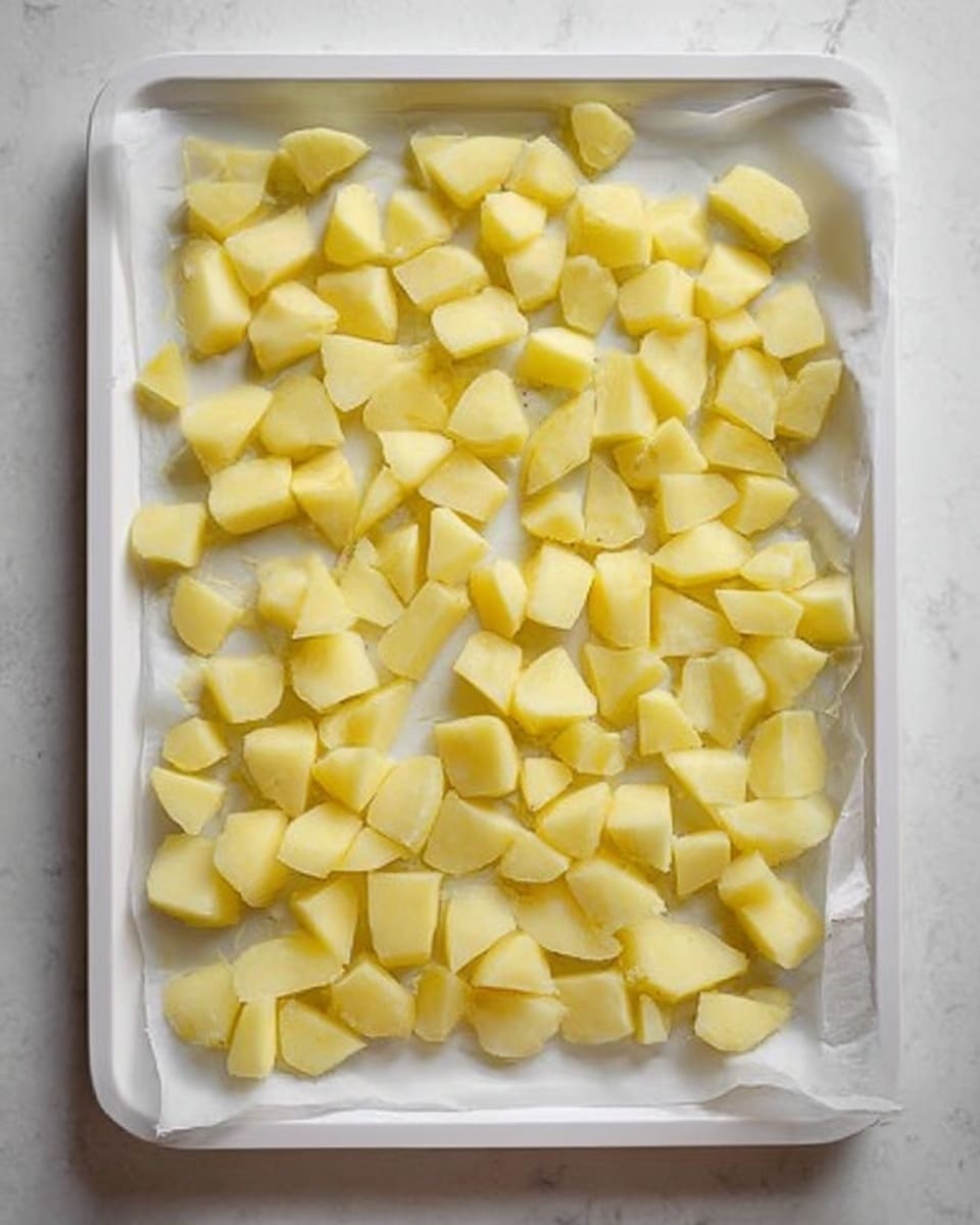 The image shows a white baking tray lined with white parchment paper, filled with many small pieces of peeled potato evenly spread out. The potato pieces are light yellow and cut into rough chunks, showing a slightly shiny and smooth texture on their surfaces with some flat and some rounded edges. The tray sits on a white marbled surface, creating a clean and simple background. photo taken with an iphone --ar 4:5 --v 7