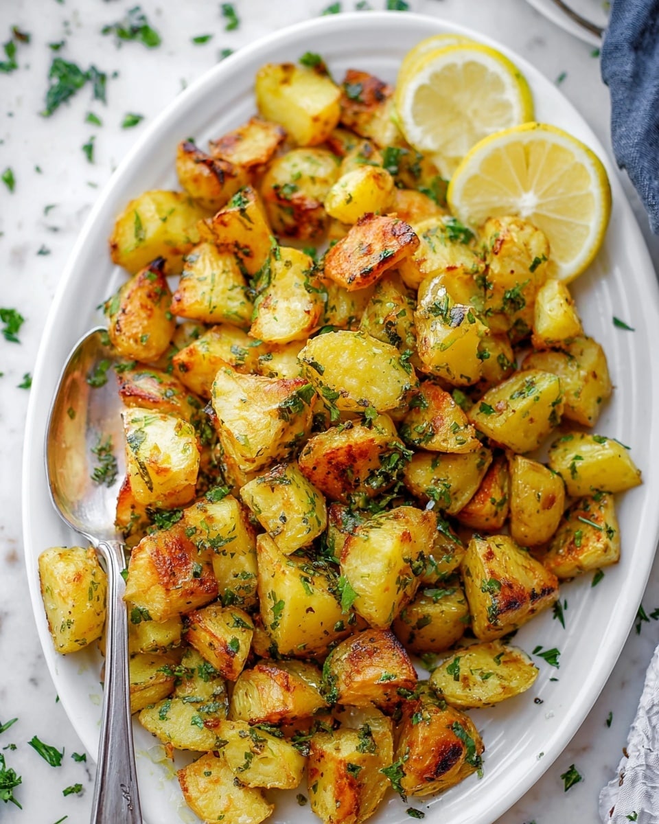 The image shows a white plate filled with roasted potato pieces that are golden brown with some slightly darker edges. The potatoes are cut into medium-sized chunks and are covered with chopped green herbs, giving a fresh and vibrant touch. There are two lemon wedges placed on the top edge of the plate. A silver spoon is resting inside the plate on the left side. The background is a white marbled texture with some scattered herbs around the plate. Photo taken with an iphone --ar 4:5 --v 7