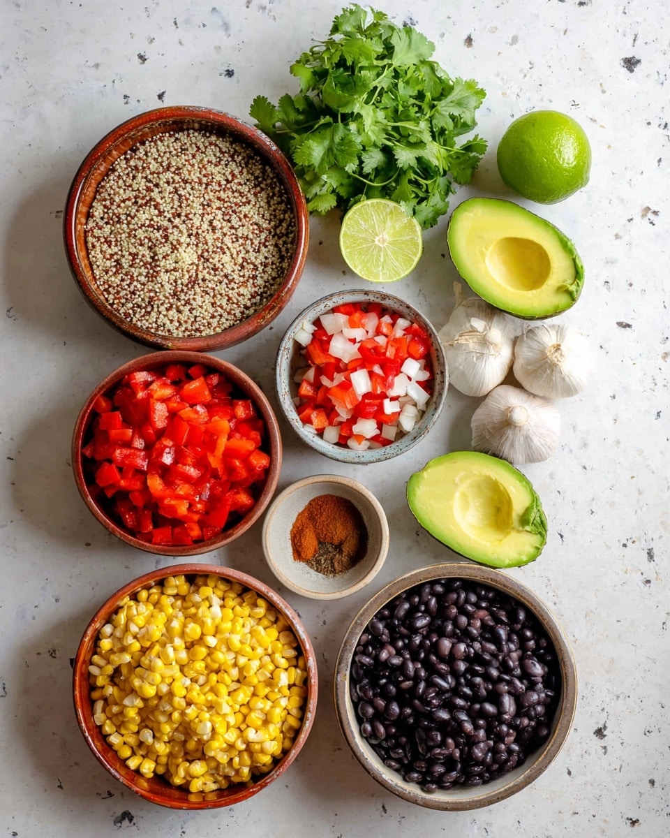 The image shows six small bowls arranged on a white marbled surface, each filled with different fresh ingredients. From top right to bottom left there is a bowl of yellow corn kernels with a shiny texture, a bowl filled with dry quinoa grains in white and brown tones, a bowl of bright red diced tomatoes with a juicy texture, a bowl of chopped red bell peppers and white onions mixed together with a crisp texture, a bowl filled with shiny black beans, and a small bowl with two teaspoons of spices, one red and one brown. Above the bowls are two garlic cloves, a bunch of fresh green cilantro, and a halved lime showing its bright green inside. There are also two avocado halves with one showing its green flesh and the other with a large brown seed. photo taken with an iphone --ar 4:5 --v 7