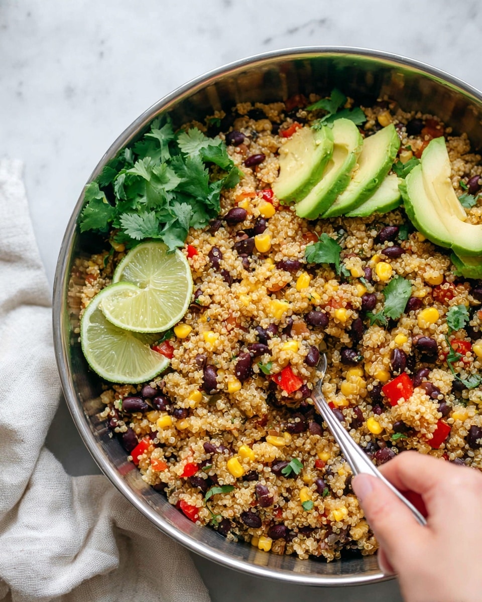 A large metal bowl filled with a quinoa salad showing several layers and colors. The base layer is light beige and fluffy quinoa mixed with black beans and bright yellow corn kernels. Small red diced bell peppers are scattered throughout, adding spots of vivid color. The top layer has fresh green cilantro leaves and slices of avocado placed near one edge. Two lime wedges rest on one side, adding a fresh green and white color contrast. A woman’s hand holding a silver spoon is poised to scoop the salad from the bowl. The setting is a white marbled surface with a light gray fabric partially visible. photo taken with an iphone --ar 4:5 --v 7