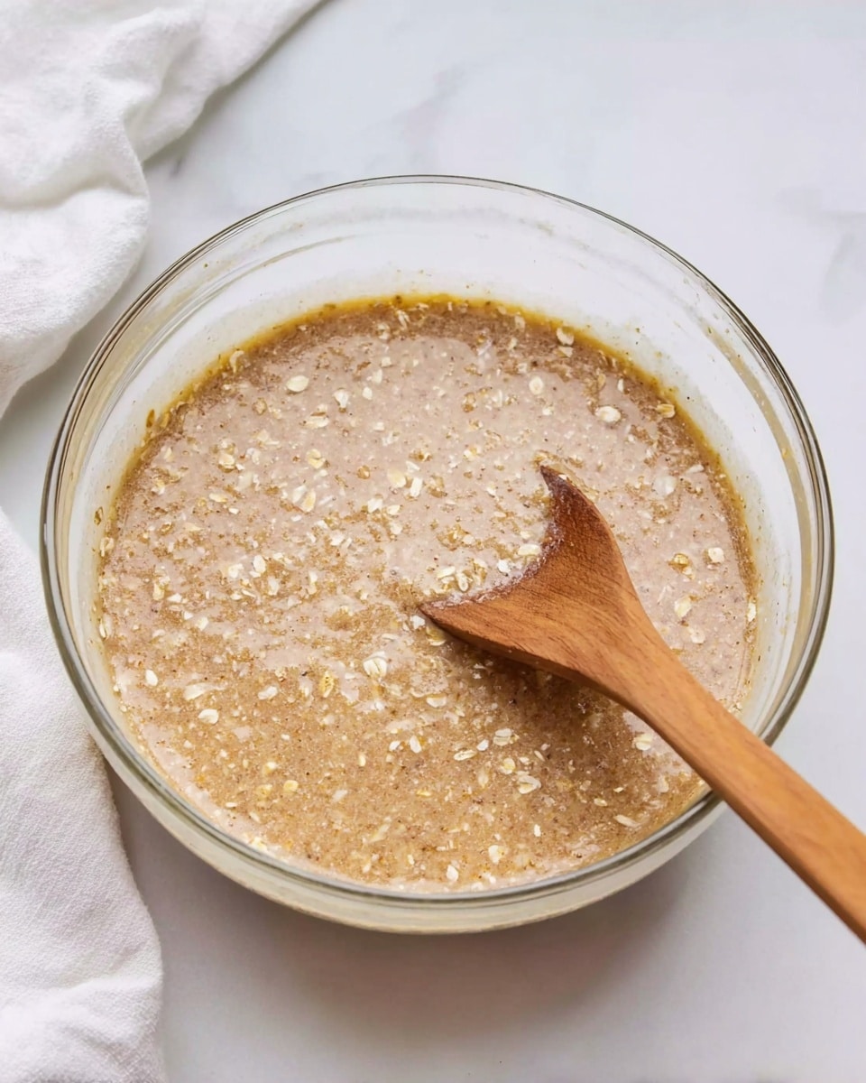 A large clear glass bowl filled with a light brown, wet mixture that has visible oats and small grains throughout. A wooden spoon with a wide tip is partially submerged in the mixture, showing the texture clearly. The bowl is placed on a white marbled surface with a white cloth partially visible to the left. photo taken with an iphone --ar 4:5 --v 7