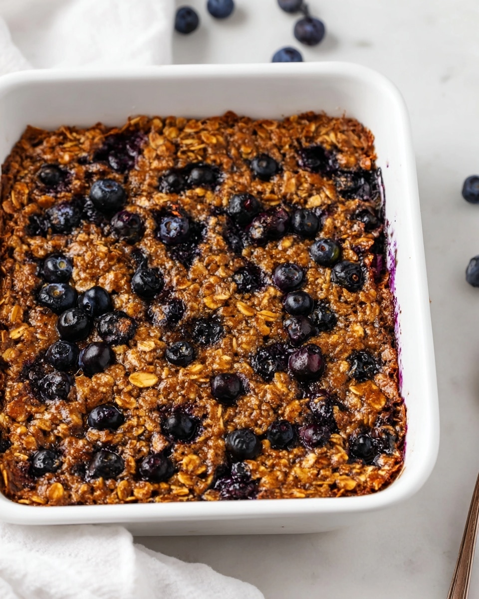 The image shows a white square baking dish filled with a baked oatmeal blueberry dish. The top layer is textured with cooked oats, giving a rough, grainy look and a golden brown color with darker spots. Scattered evenly across the surface are whole blueberries, some slightly burst and releasing dark purple juices that mix with the oats, creating a speckled effect. The edges of the dish show slight browning from baking. The dish is placed on a white marbled surface, with a few loose blueberries around it and parts of a white cloth visible in the corner. photo taken with an iphone --ar 4:5 --v 7