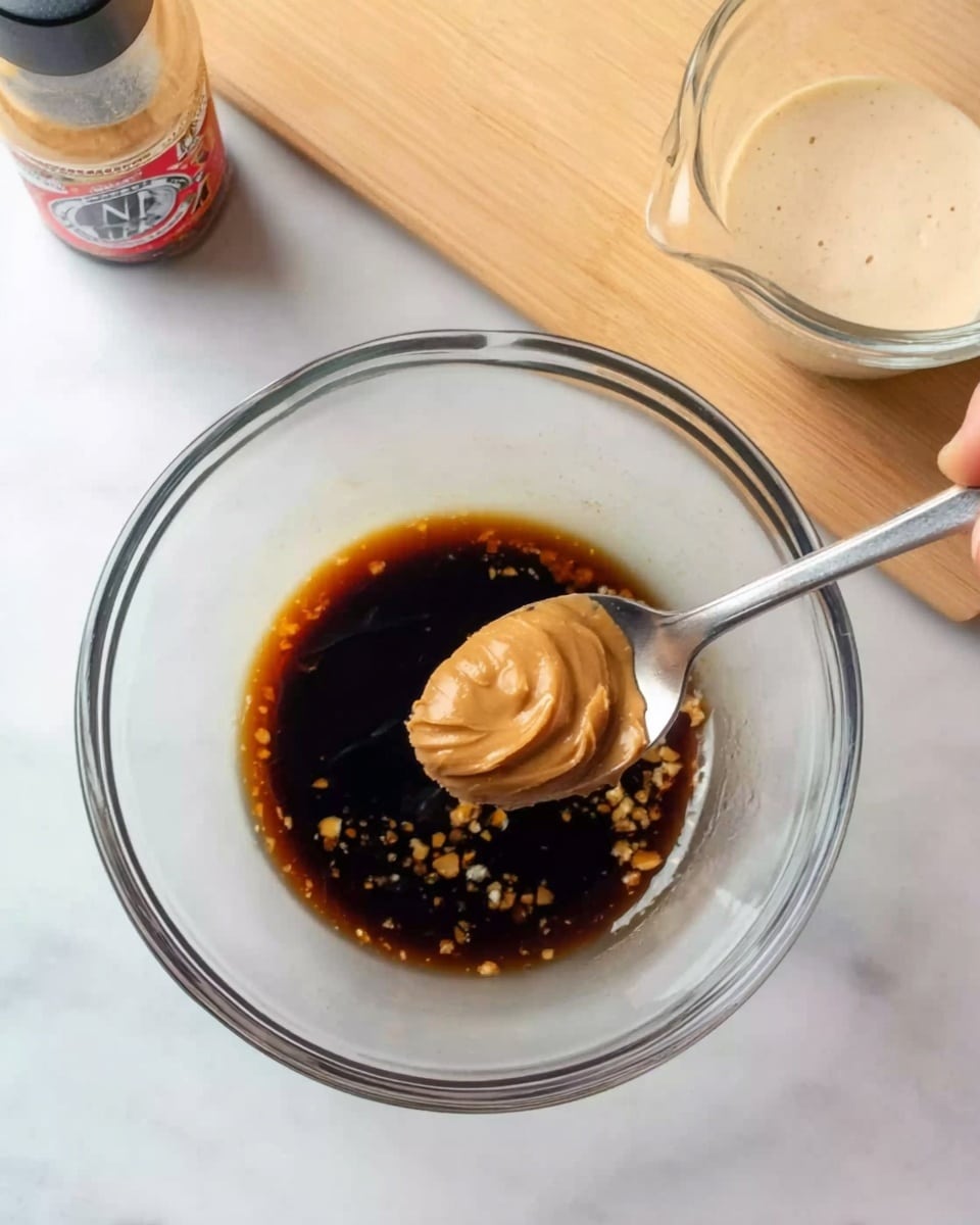 In a clear glass bowl on a white marbled surface, there is a mix of dark brown soy sauce and small bits of garlic or ginger at the bottom. A woman's hand is holding a silver spoon above the bowl, with a dollop of light brown peanut butter about to be added to the soy sauce mixture. Nearby, there is a clear glass measuring cup with some creamy white liquid inside and a small bottle with a red and white label visible in the background. The scene is well lit, showing reflections on the glass bowl and spoon photo taken with an iphone --ar 4:5 --v 7