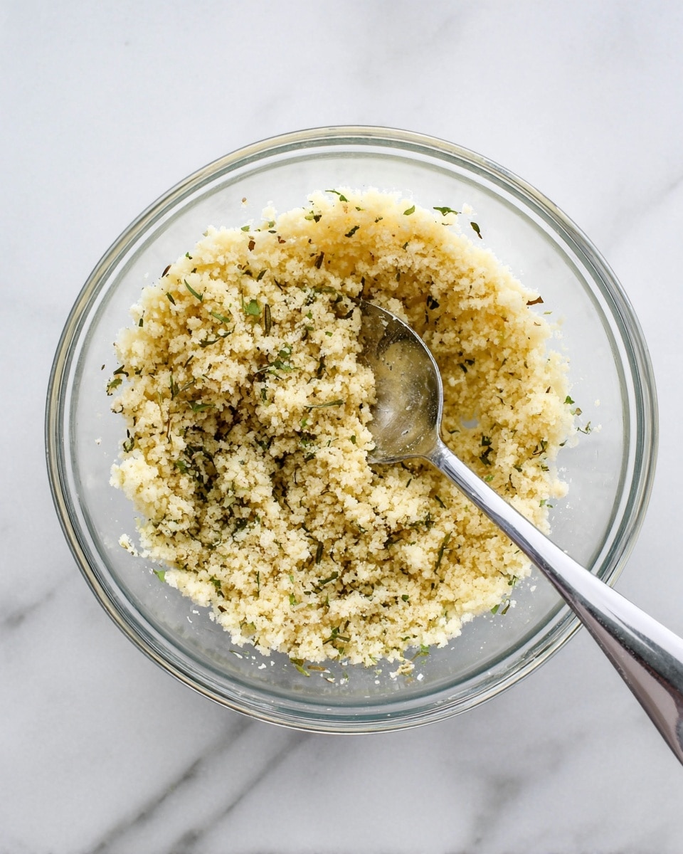 A clear glass bowl filled with a pale yellow crumbly mixture that has small green herb bits scattered throughout. The mixture has a soft, slightly coarse texture with some areas showing more concentrated herbs. A shiny silver spoon is placed inside the bowl, resting on the right side, partially dipped in the mixture. The bowl sits on a white marbled surface with subtle gray veins. photo taken with an iphone --ar 4:5 --v 7