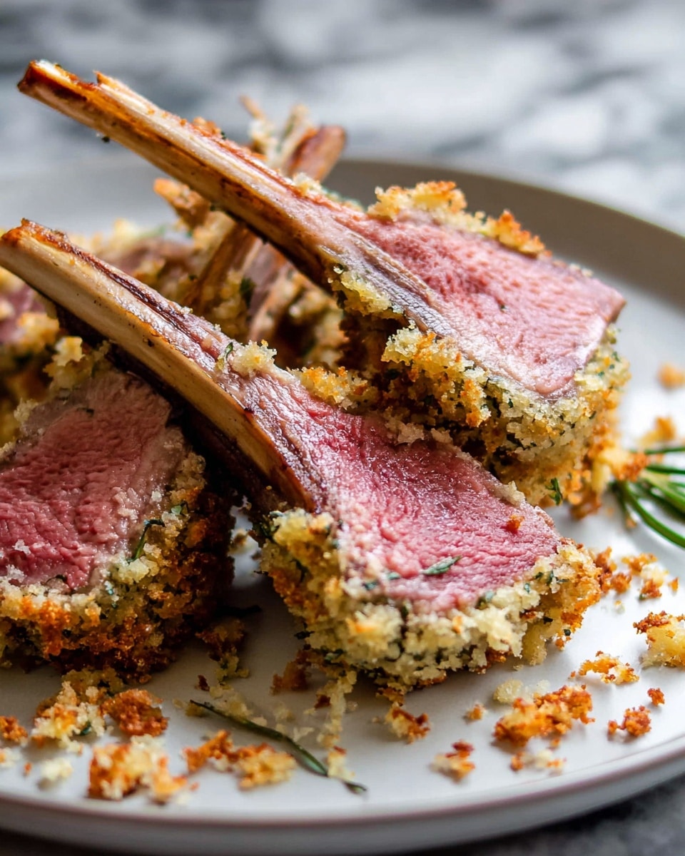 The image shows a close-up of four pieces of lamb chops arranged diagonally on a white plate. Each lamb chop has three visible layers: the bottom layer is pink and tender meat with a slightly grilled texture; the middle layer consists of bone ribs extending from the meat; the top layer is a golden, crispy breadcrumb crust mixed with herbs covering part of the meat and edges. Some loose crispy breadcrumb bits are scattered around the lamb on the plate. The background is a white marbled texture. photo taken with an iphone --ar 4:5 --v 7