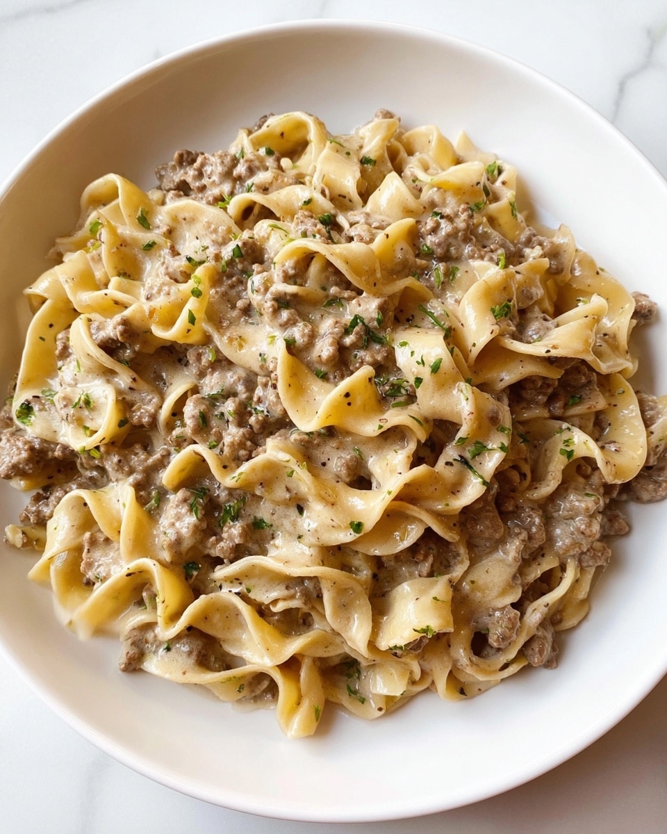 The dish shows wide egg noodles with a soft, slightly curled texture mixed closely with ground meat in a creamy light brown sauce. The sauce is thick and coats all the noodles evenly, showing small bits of herbs and black pepper scattered throughout. The noodles look tender and have a pale yellow color, contrasting with the speckled brown meat pieces. This mix sits on a plain white round plate on a white marbled surface. photo taken with an iphone --ar 4:5 --v 7